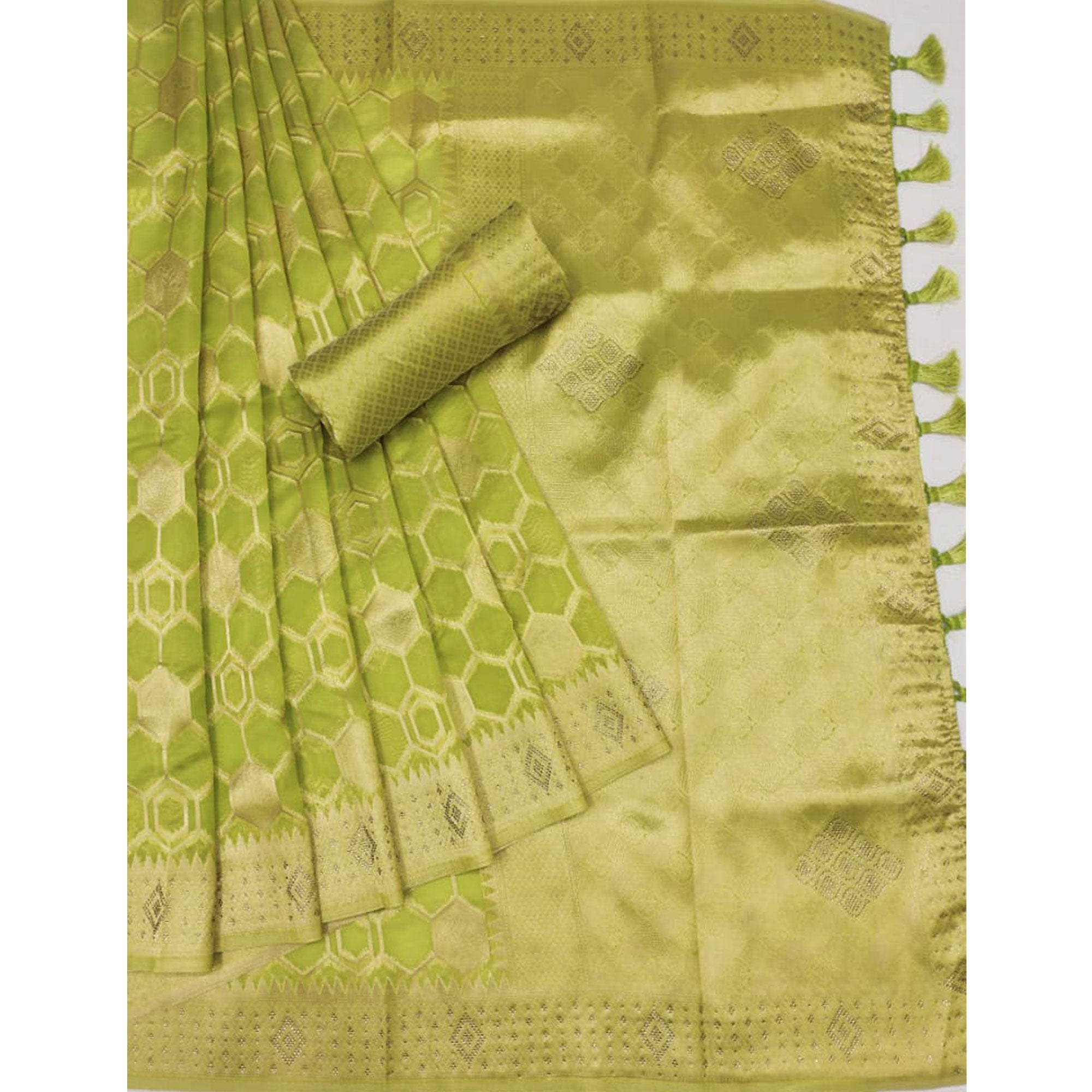 Green Woven Art Silk Saree With Tassels