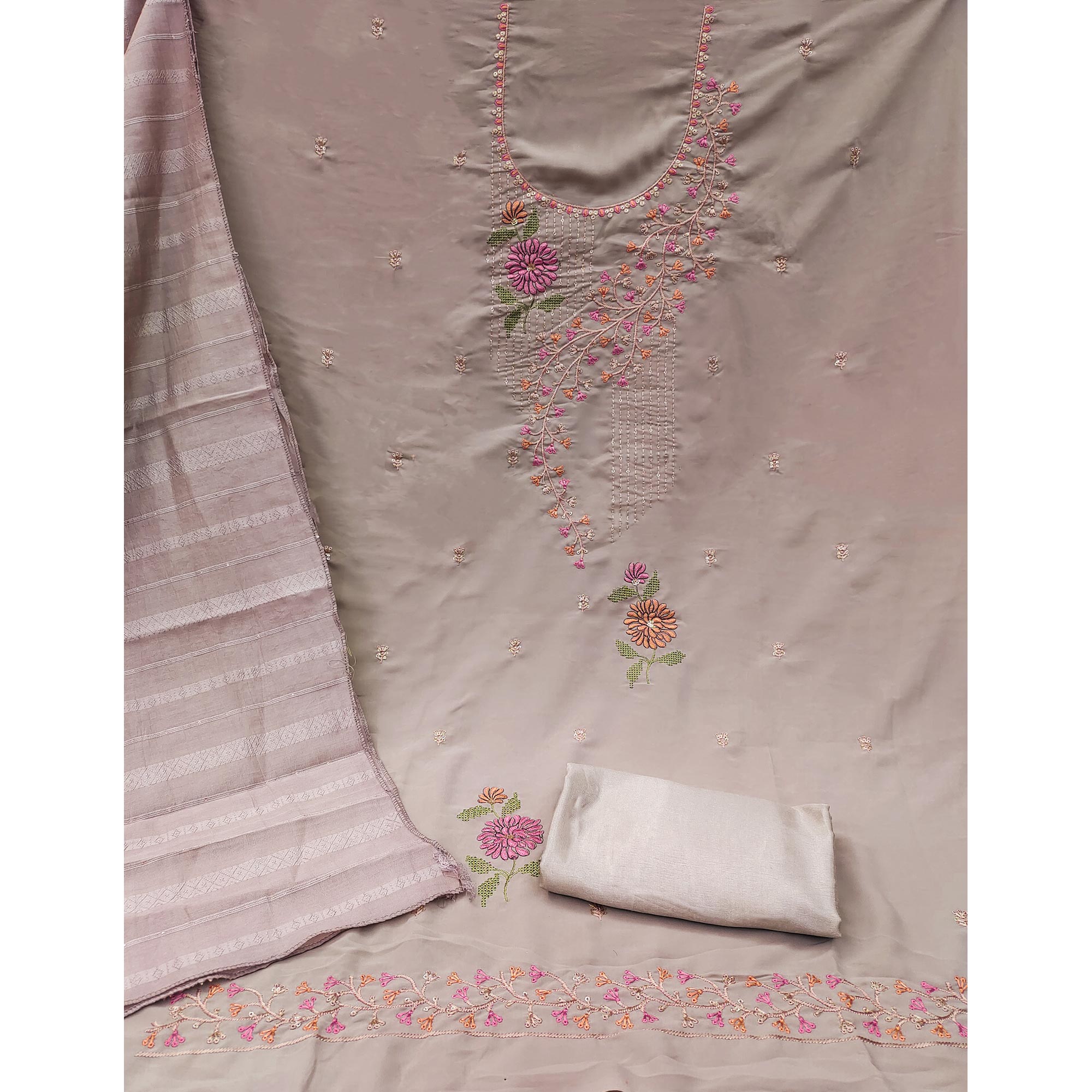 Grey Floral Embroidered Georgette Dress Material
