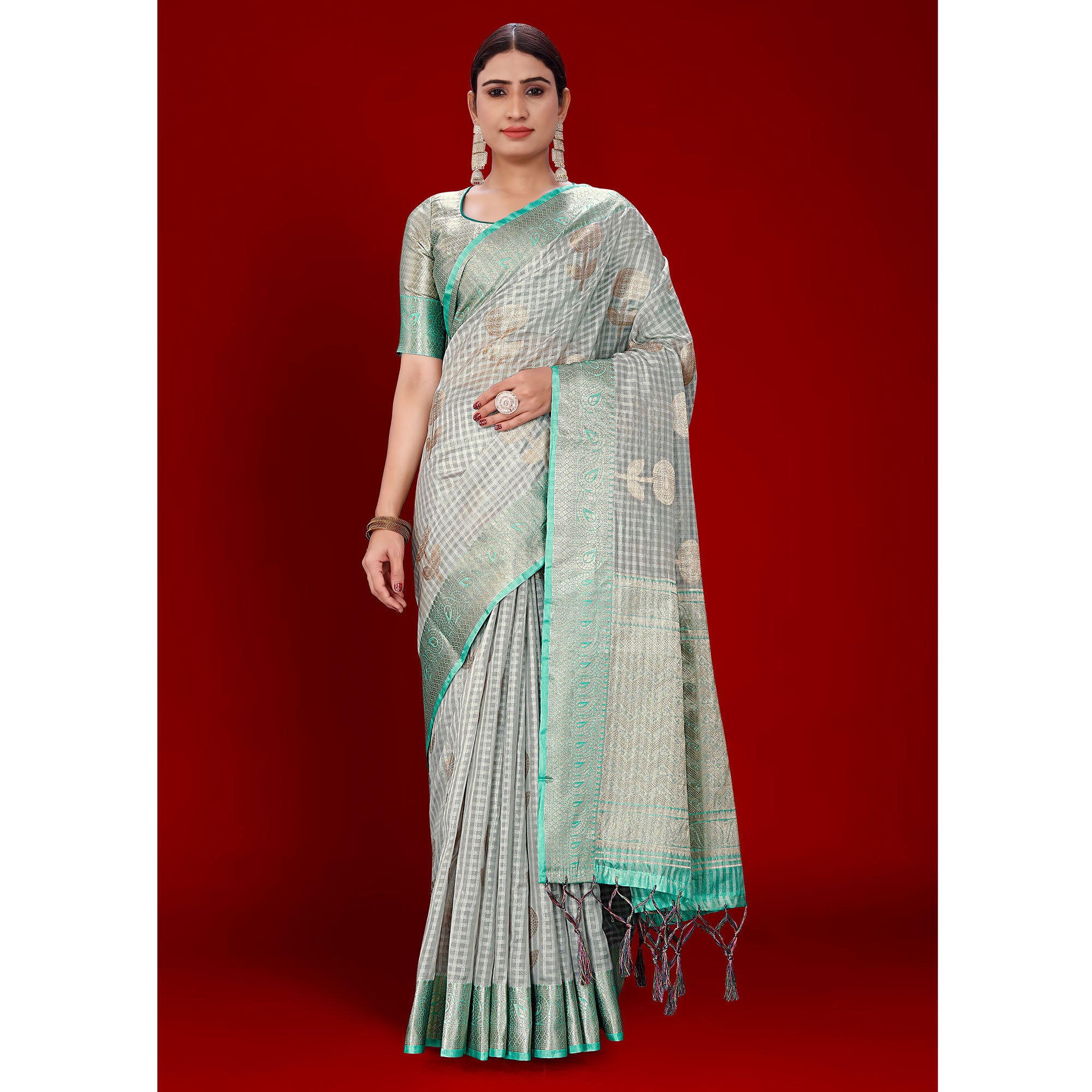 Grey Floral Woven Organza Saree With Tassels