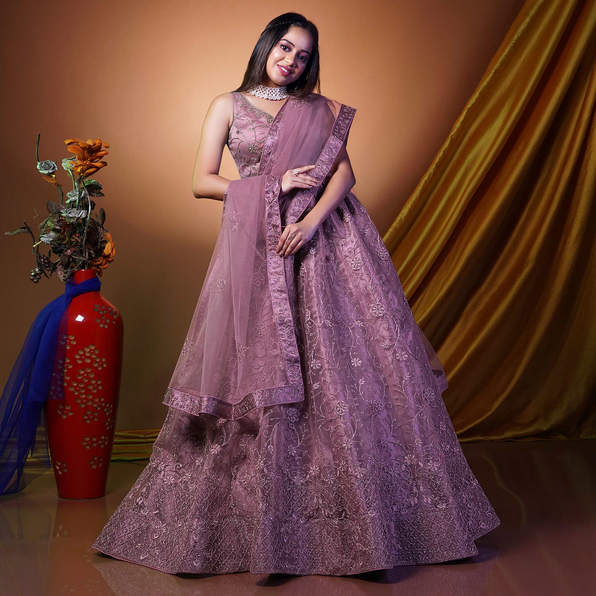 Purple Floral Embroidered Net Lehenga Choli