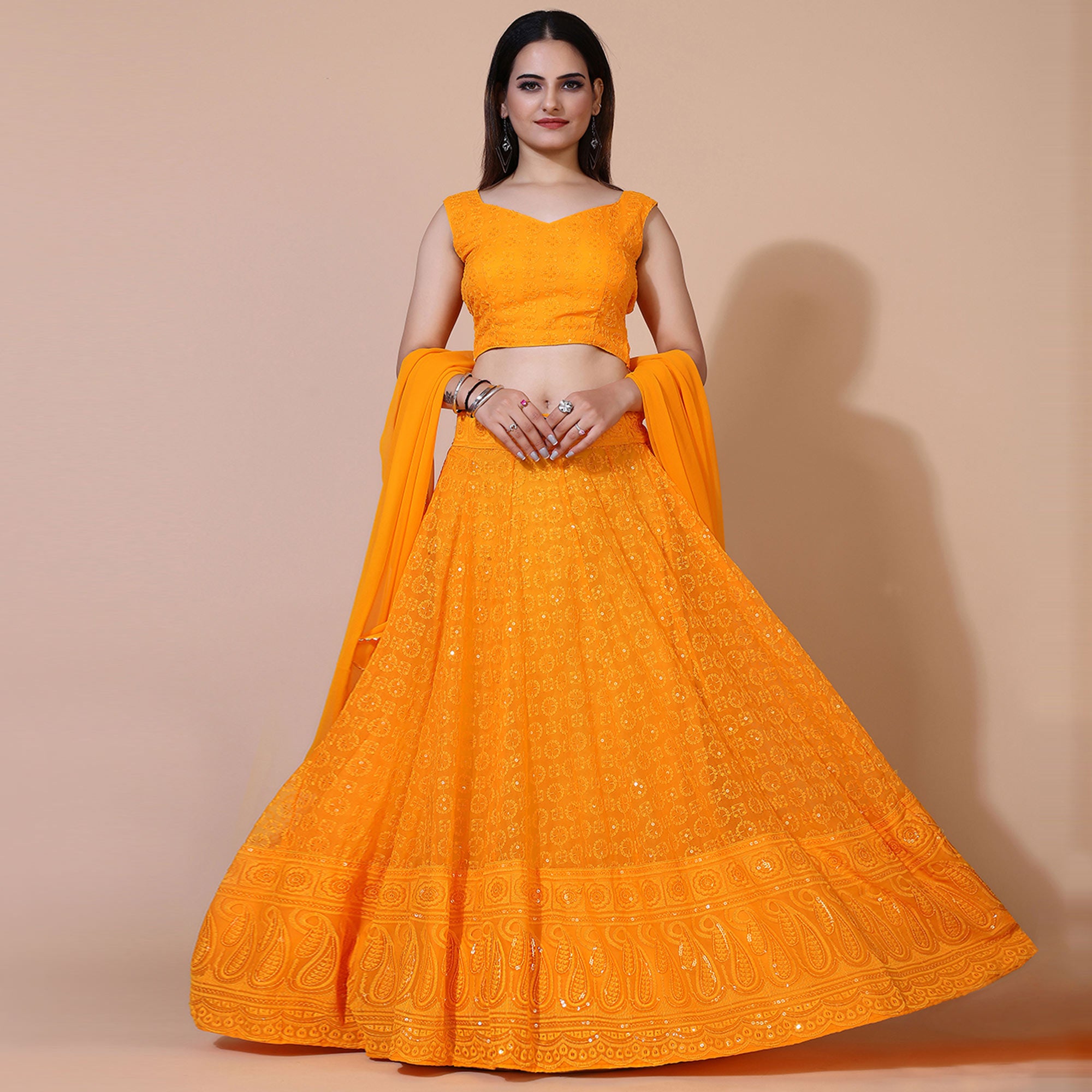 Orange Lucknowi Chikankari Work Georgette Lehenga Choli