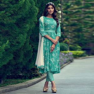 Aqua Green Printed With Mirror Work Rayon Naira Cut Suit