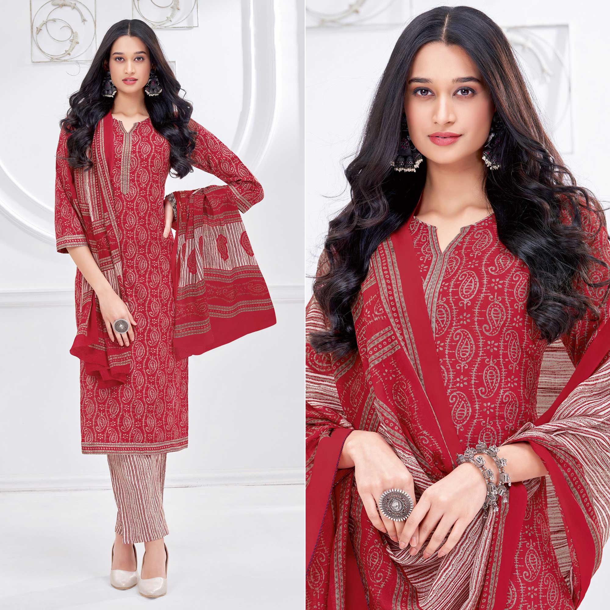 Red Printed Pure Cotton Suit
