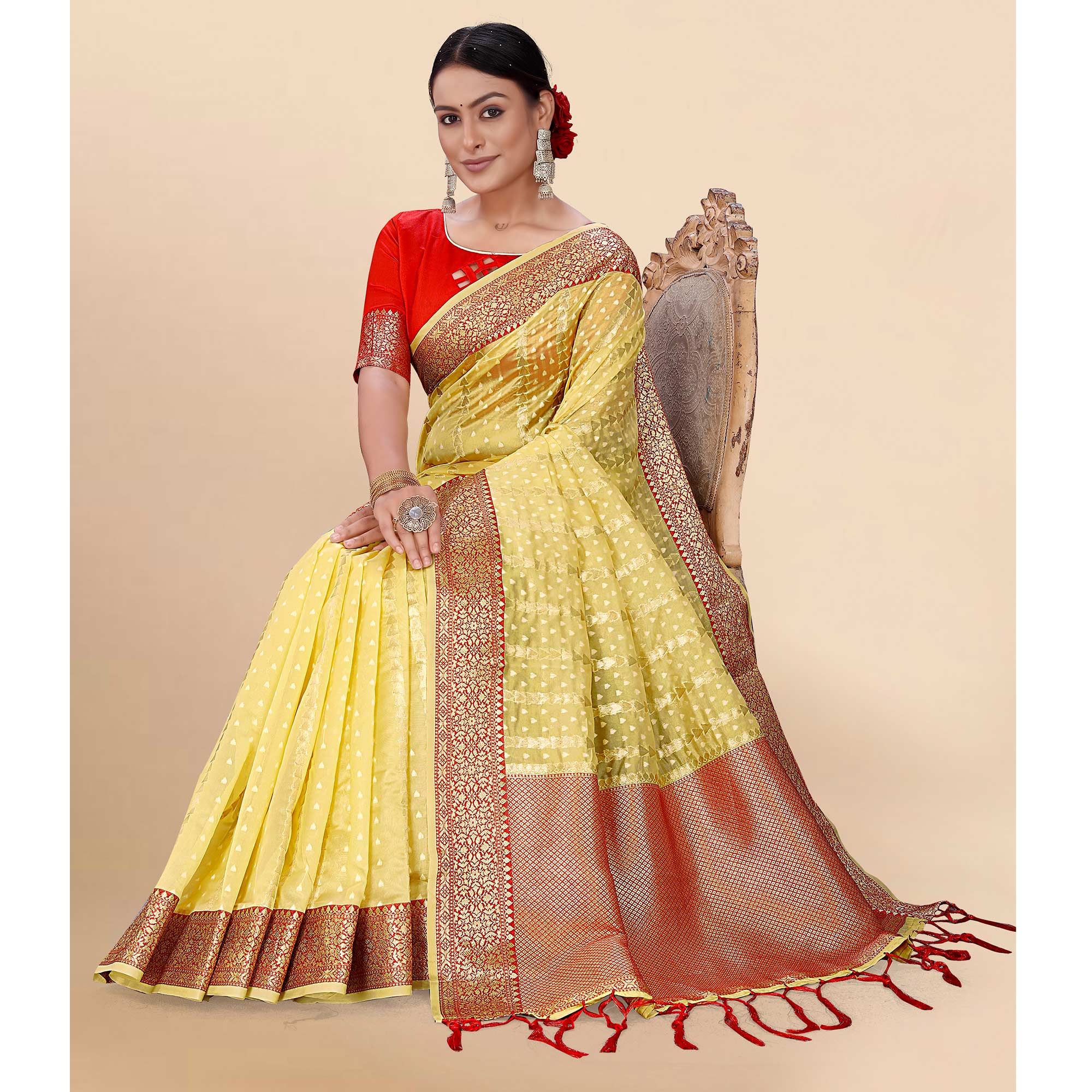 Yellow Woven Organza Saree With Tassels