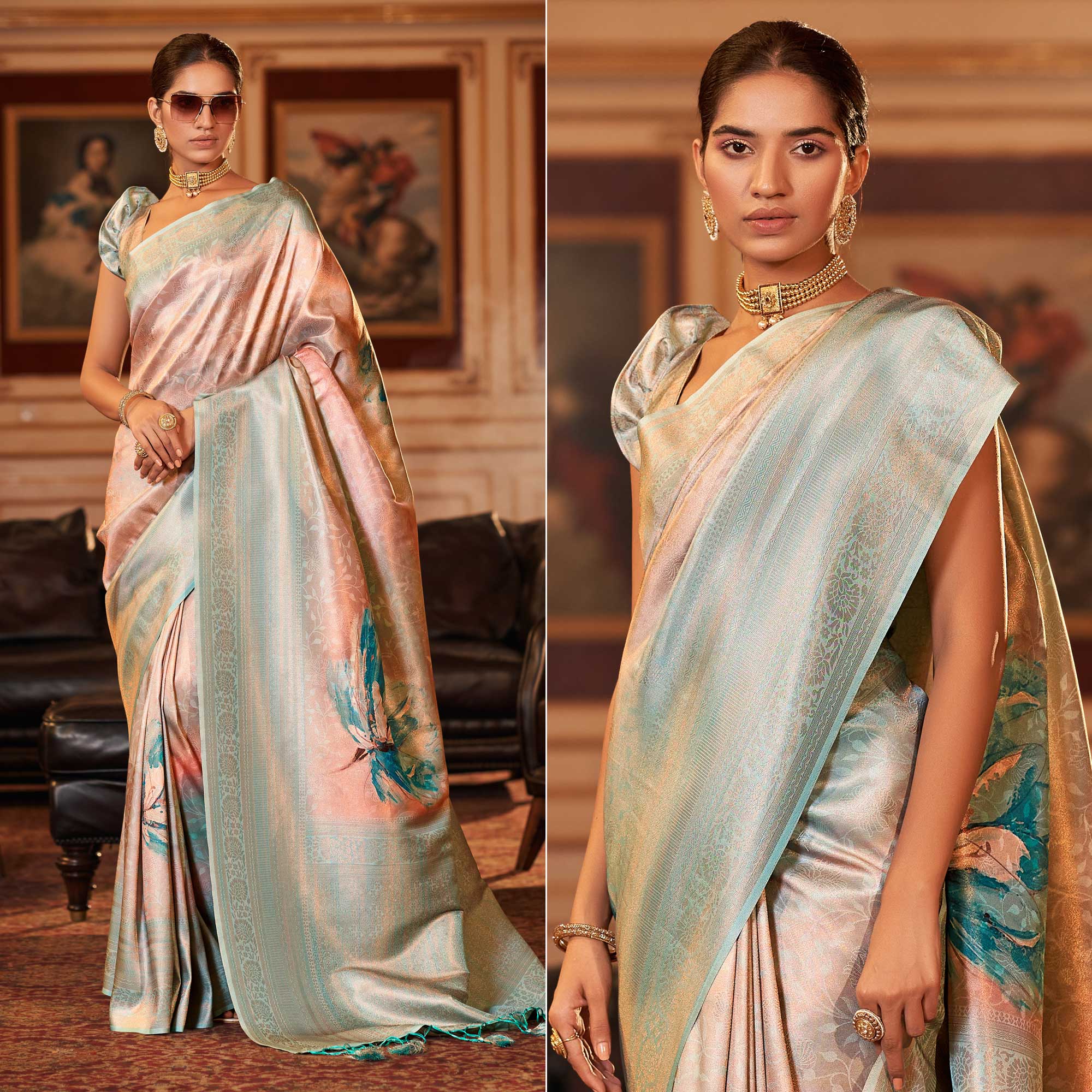 Peach & Sky Blue Woven Jacquard Saree With Tassels