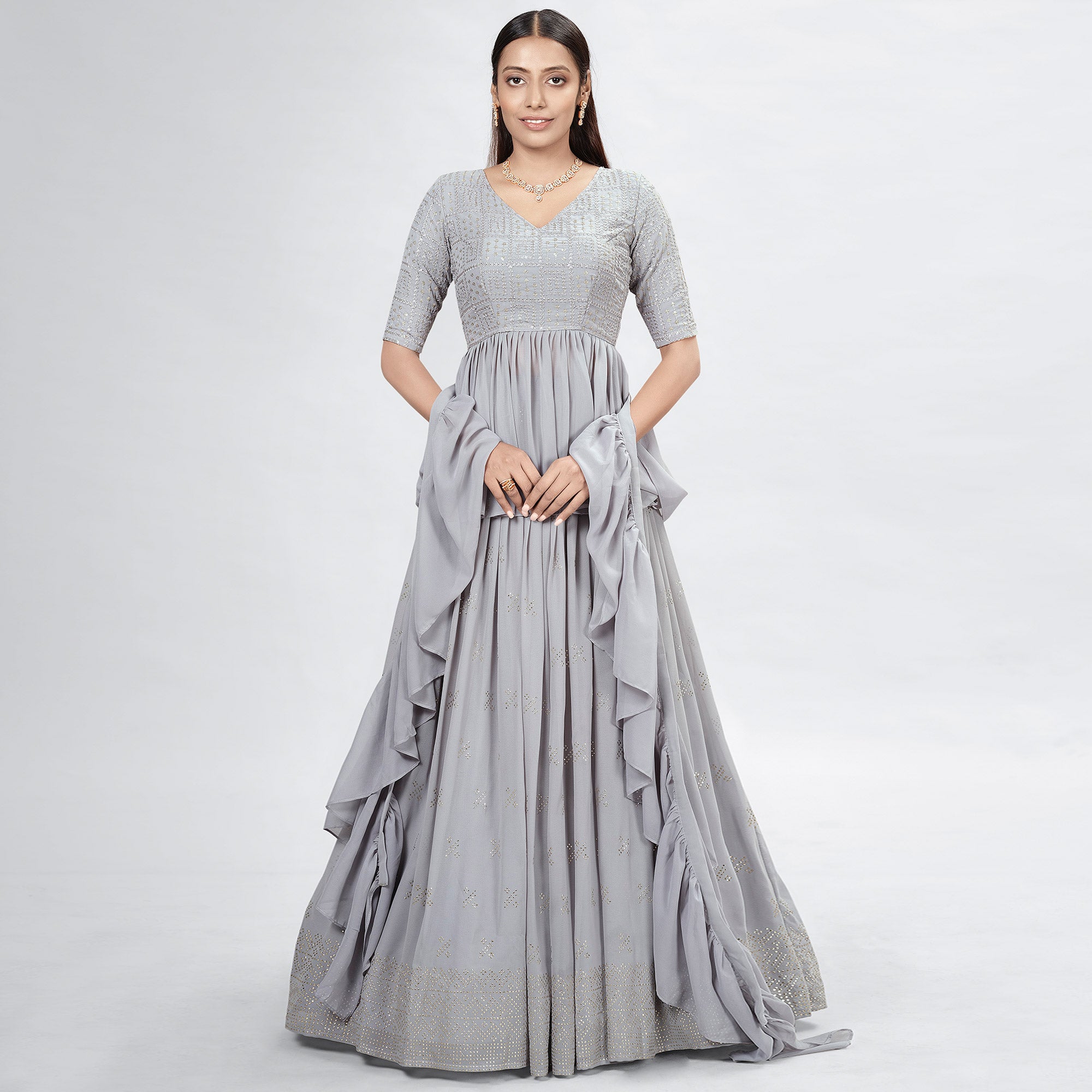 Grey Embellished With Embroidered Georgette Lehenga Choli