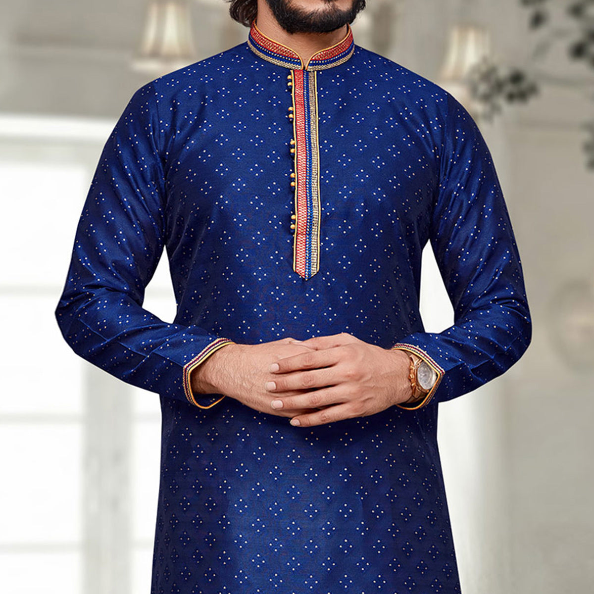 Blue Woven Jacquard Kurta Pyjama Set