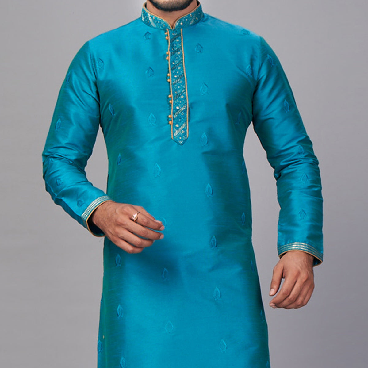 Blue Embroidered Jacquard Kurta Pyjama Set