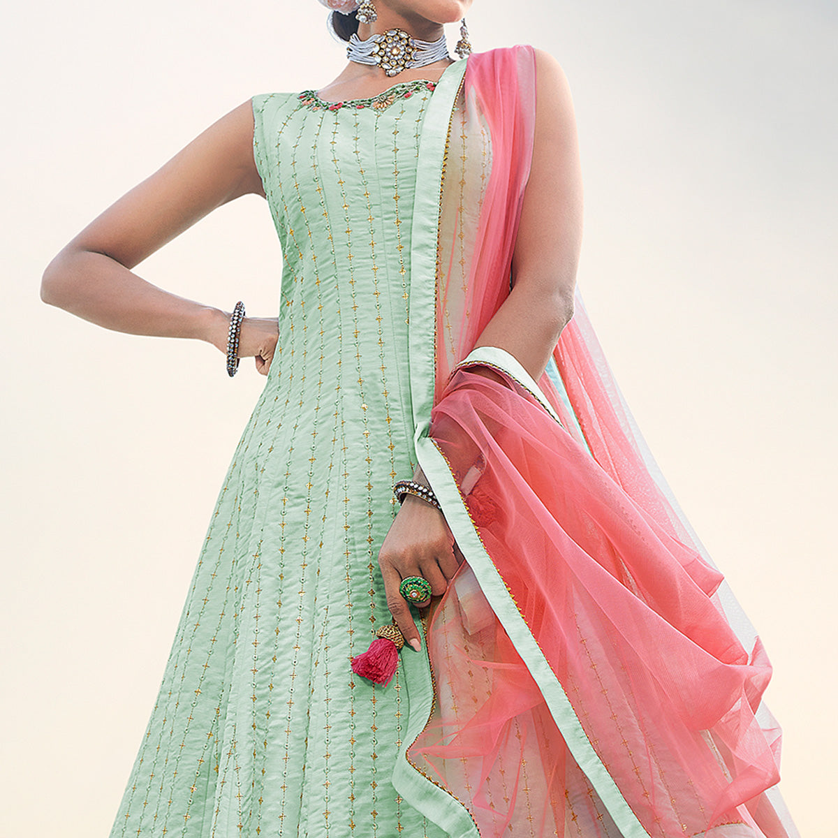 Light Sea Green Sequins Embroidered Raw Silk Gown