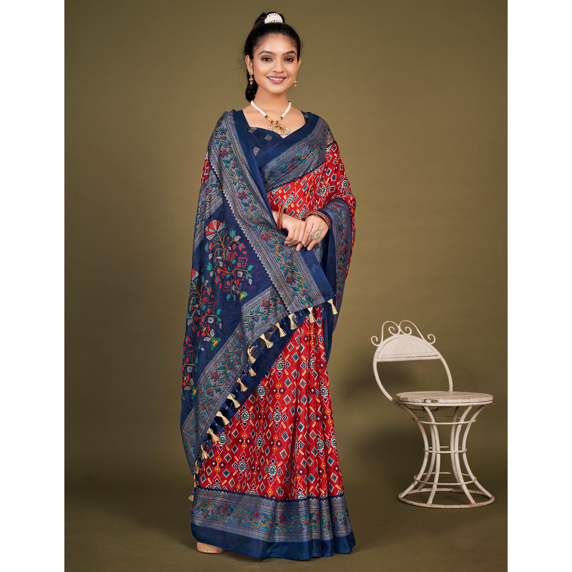 Red Printed Jute Patola Saree With Tassels