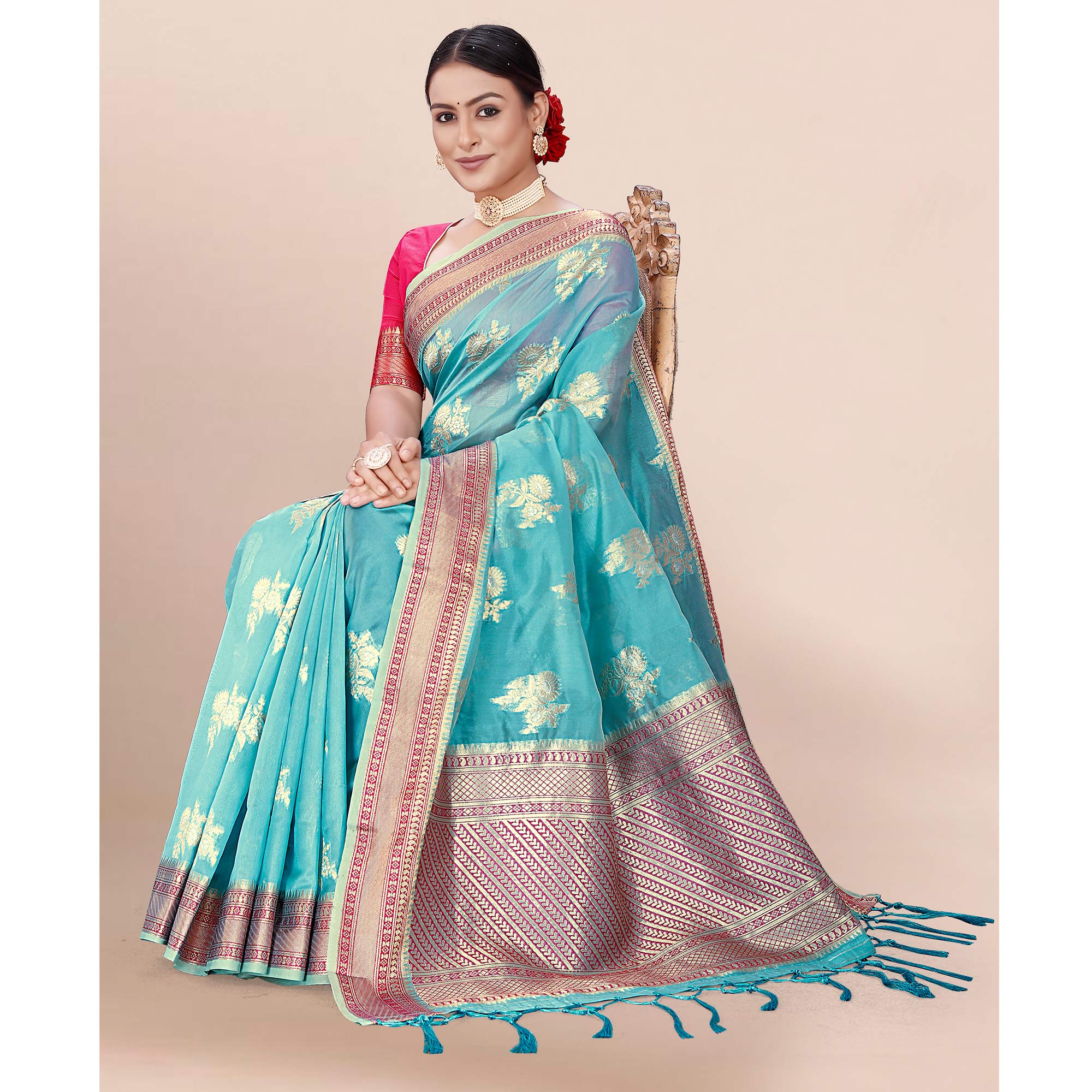 Blue Woven Organza Saree With Tassels