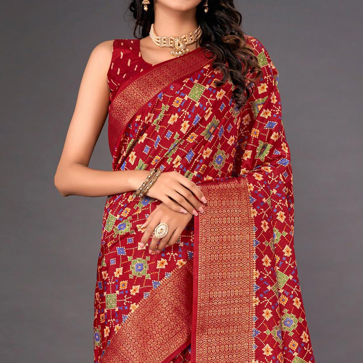 Red Printed Dola Silk Saree