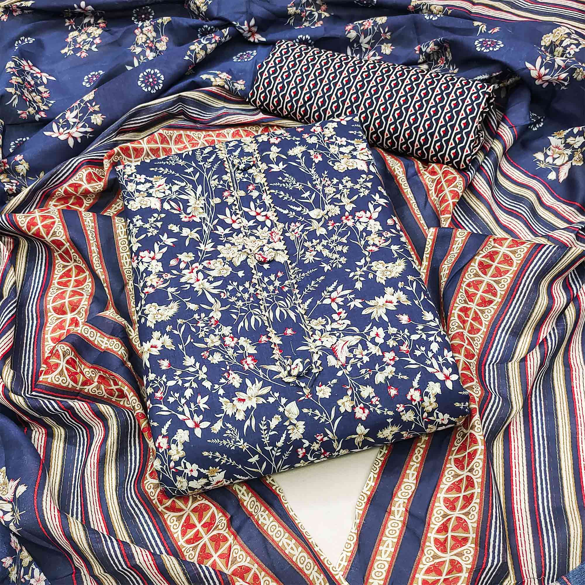 Blue Floral Printed Cotton Blend Dress Material