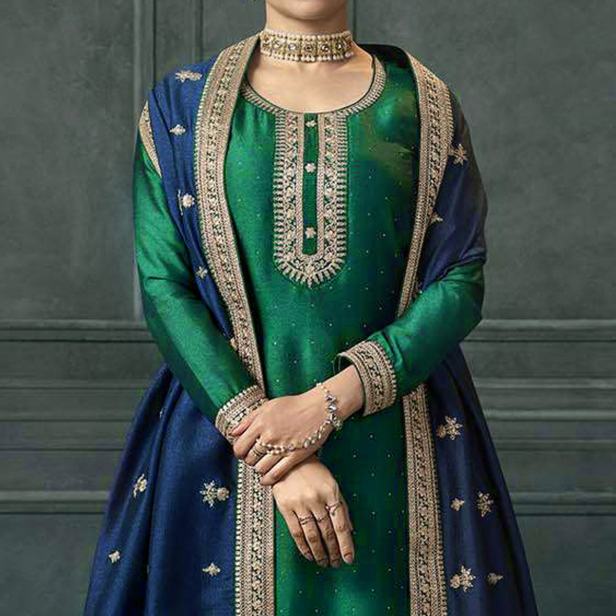 Green Embroidered Georgette Palazzo Suit