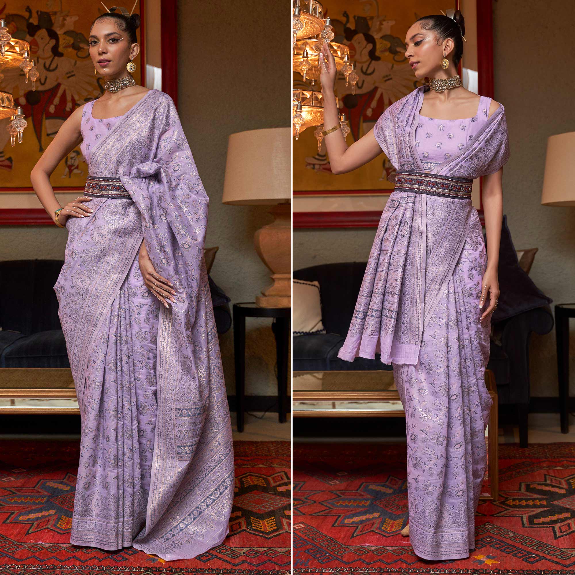 Purple Floral Woven Modal Saree With Tassels