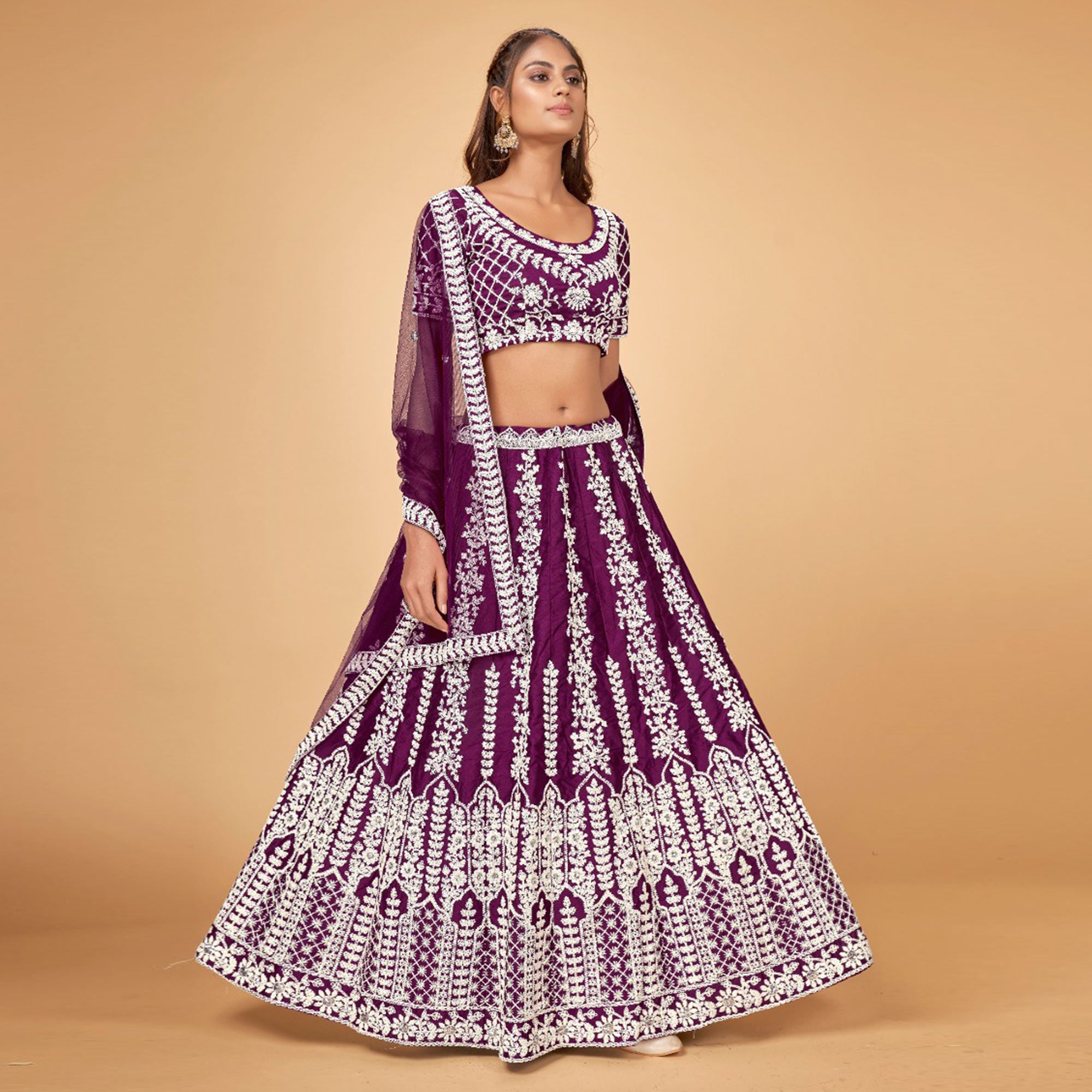 Purple Floral Embroidered Chiffon Lehenga Choli