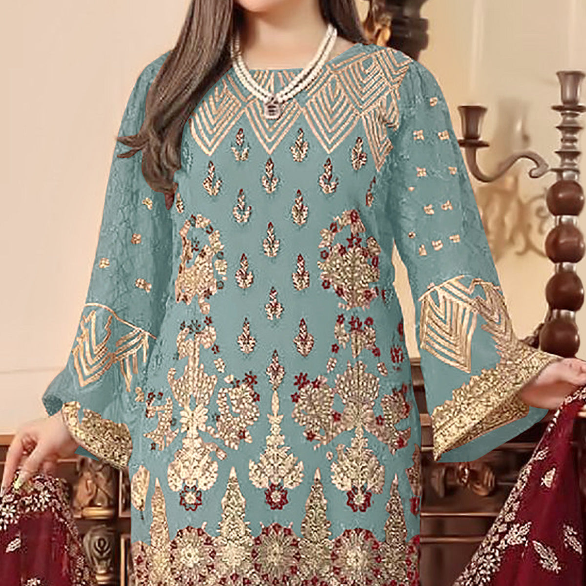 Sky Blue Sequins Embroidered Georgette Pakistani Suit