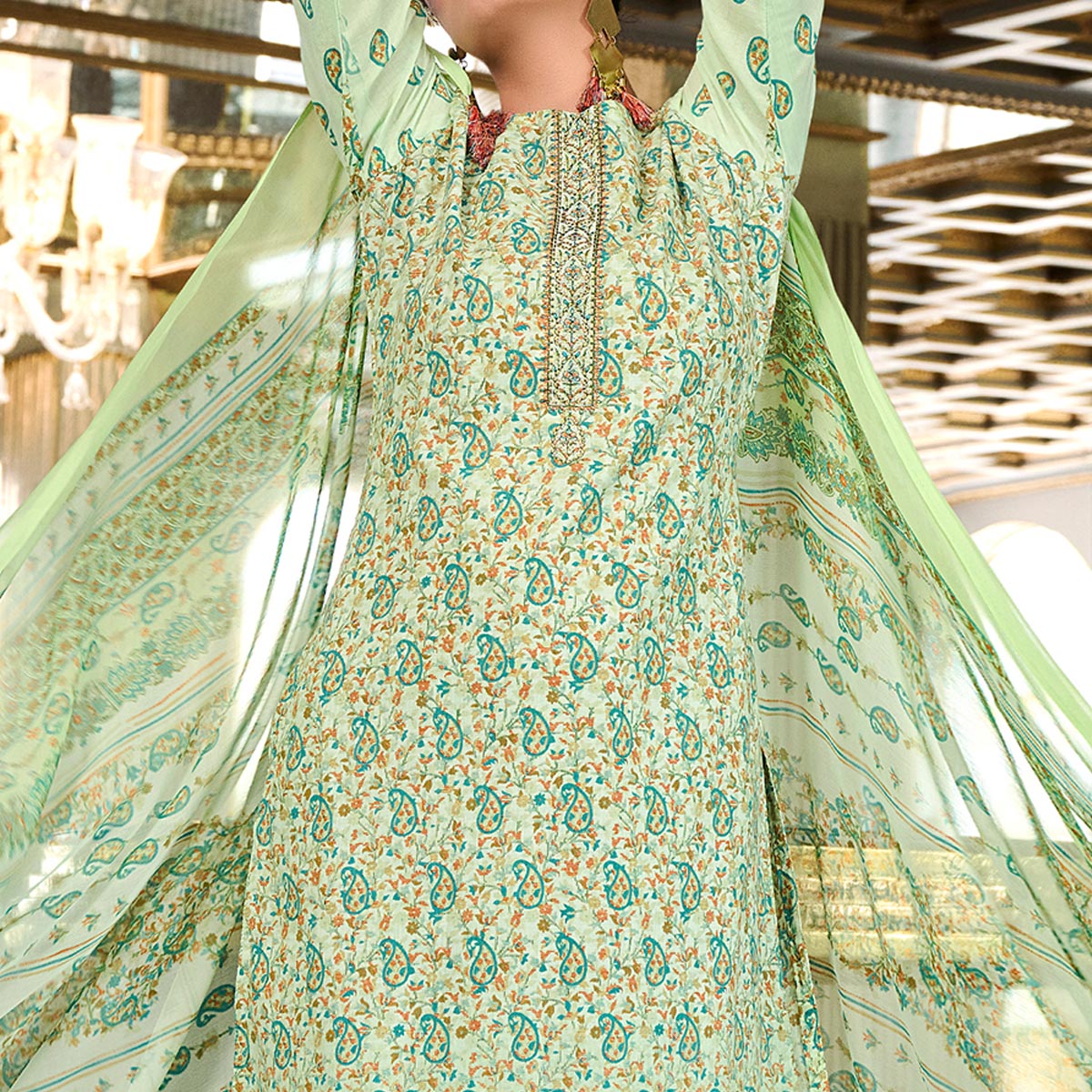 Green Printed With Embroidered Pure Cotton Salwar Suit