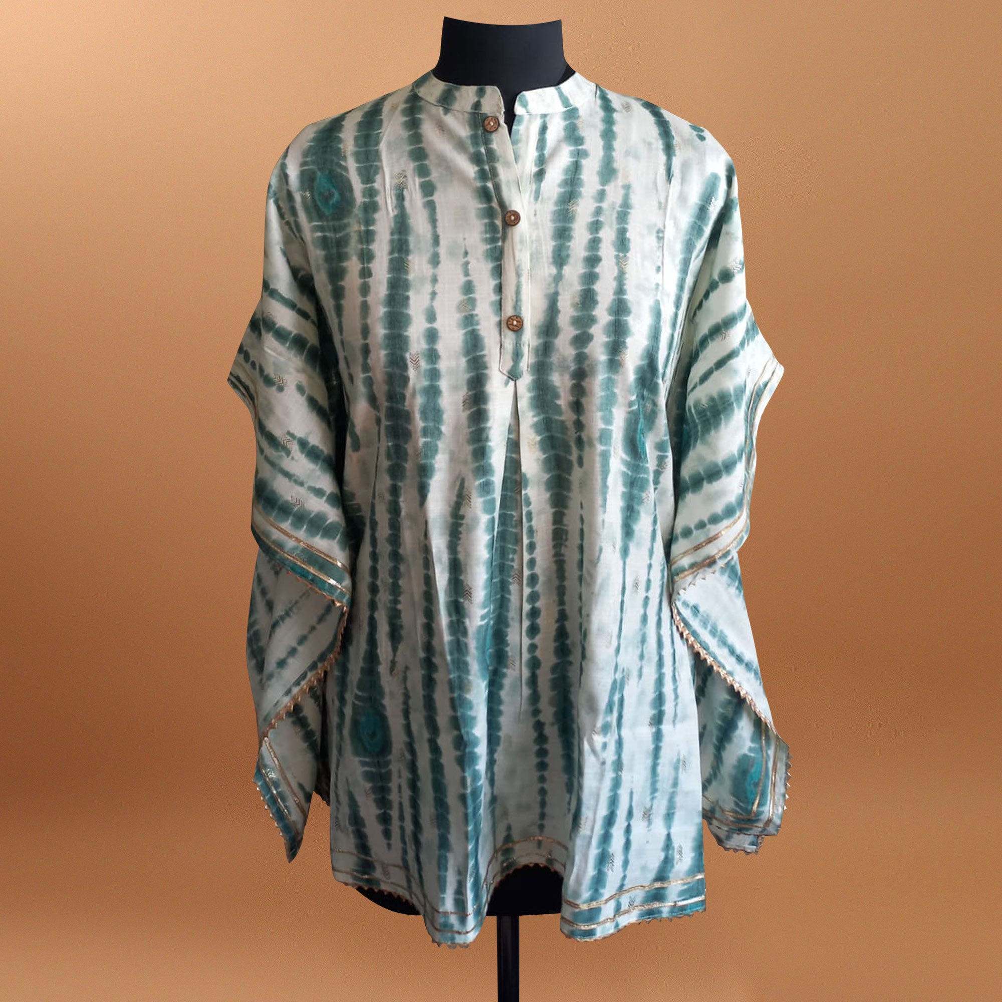 White & Green Printed With Gota Patti Work Rayon Kaftan Top