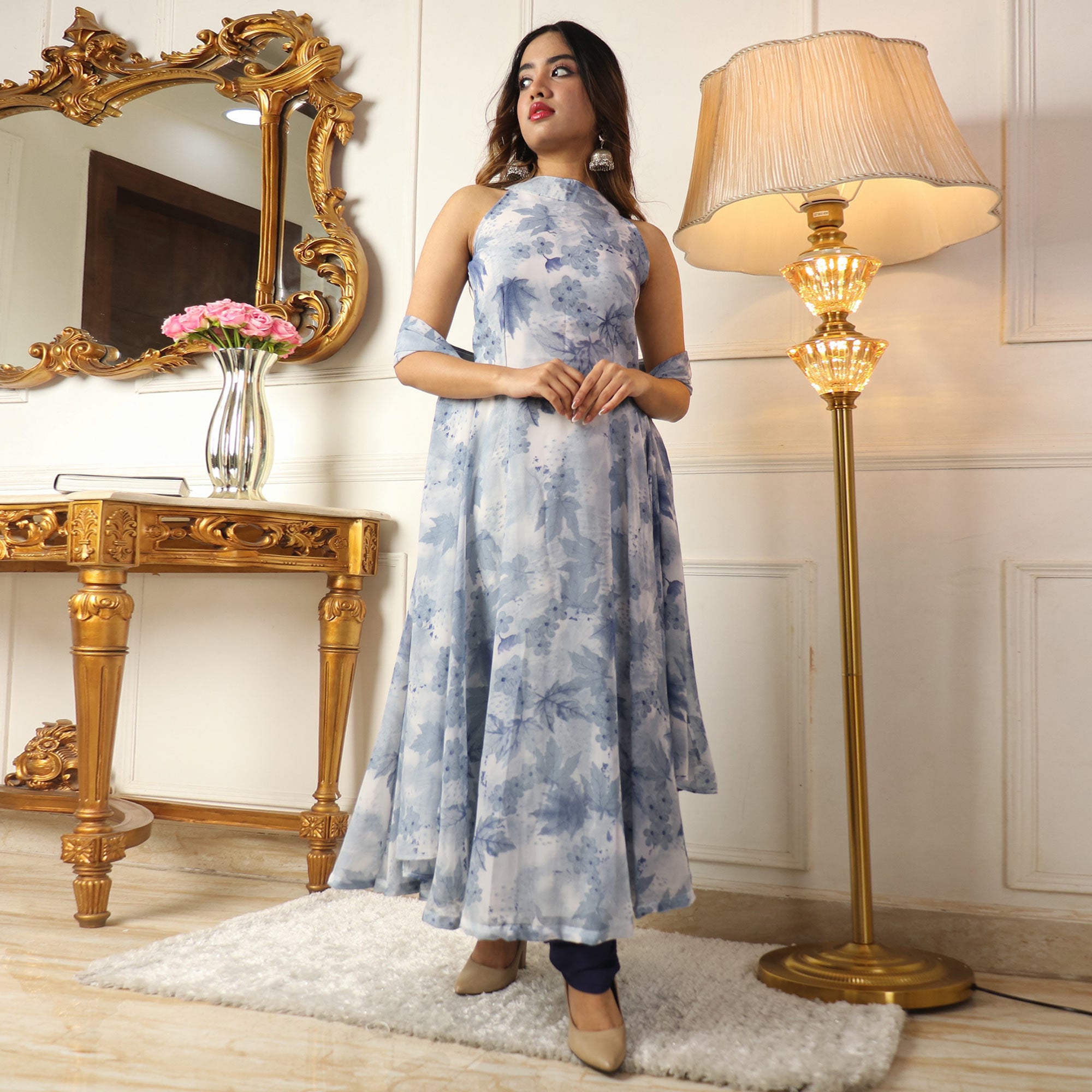 Blue Floral Printed Georgette Anarkali Suit