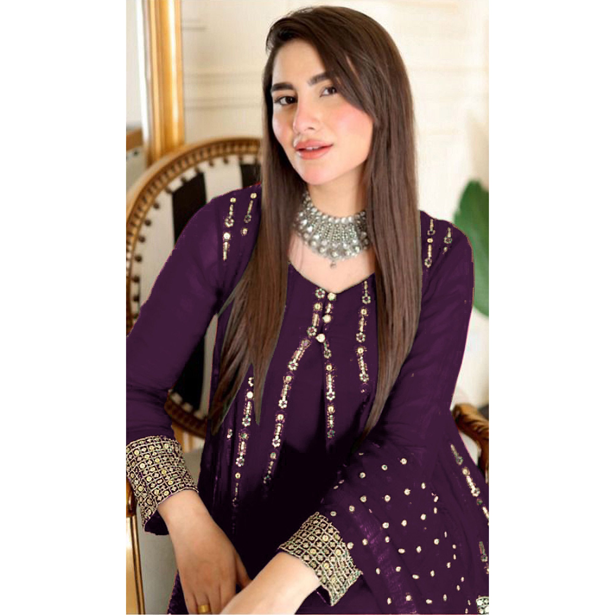 Purple Sequins Embroidered Georgette Pakistani Suit