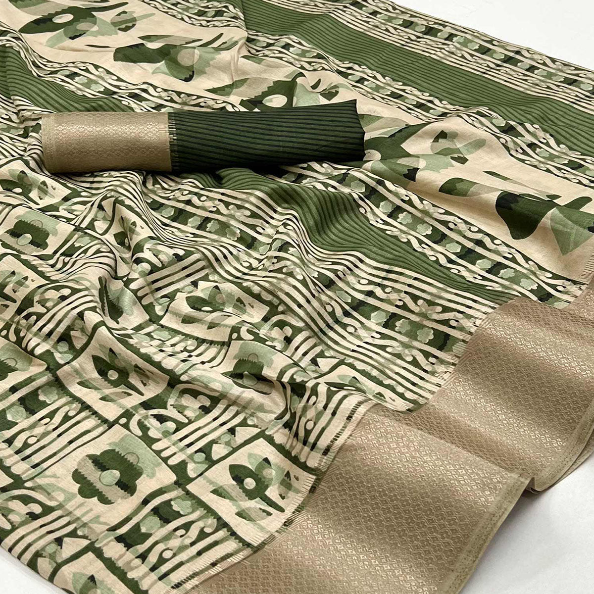 Pista Green Printed With Woven Border Dola Silk Saree