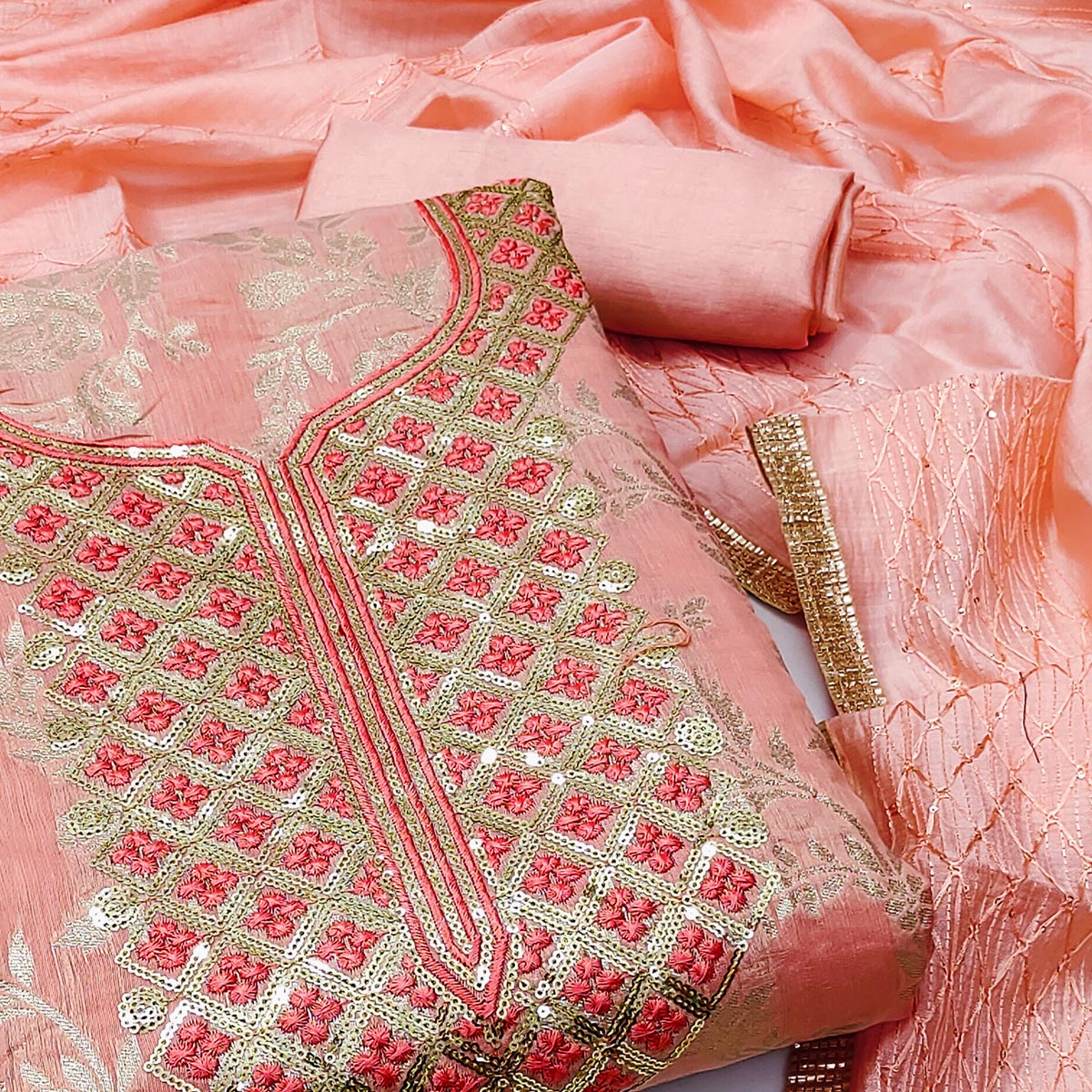 Peach Woven With Sequins Work Modal Dress Material
