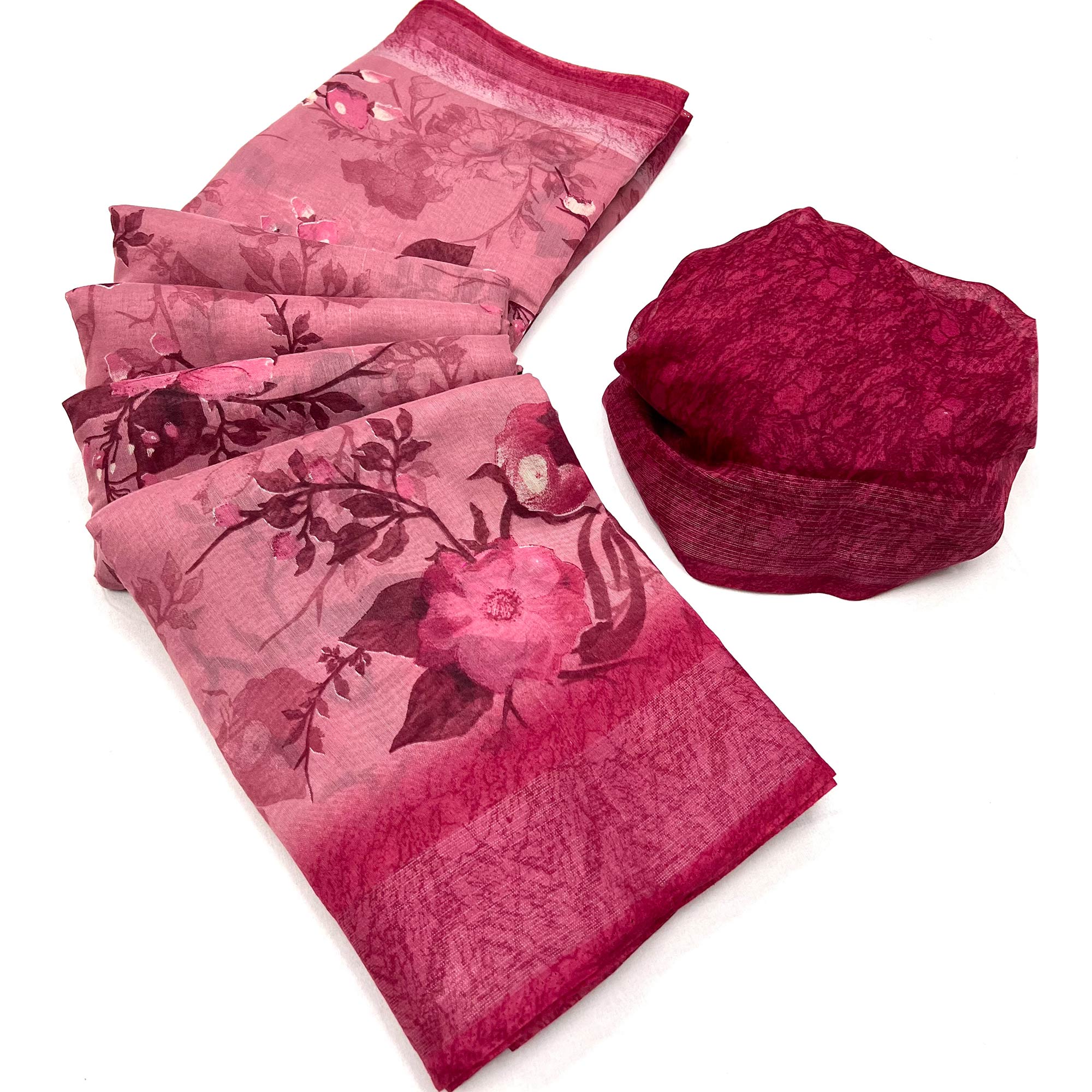 Pink Floral Printed Linen Saree