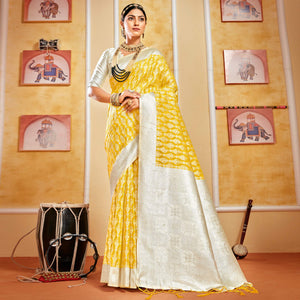 Yellow Woven Cotton Silk Saree With Tassels