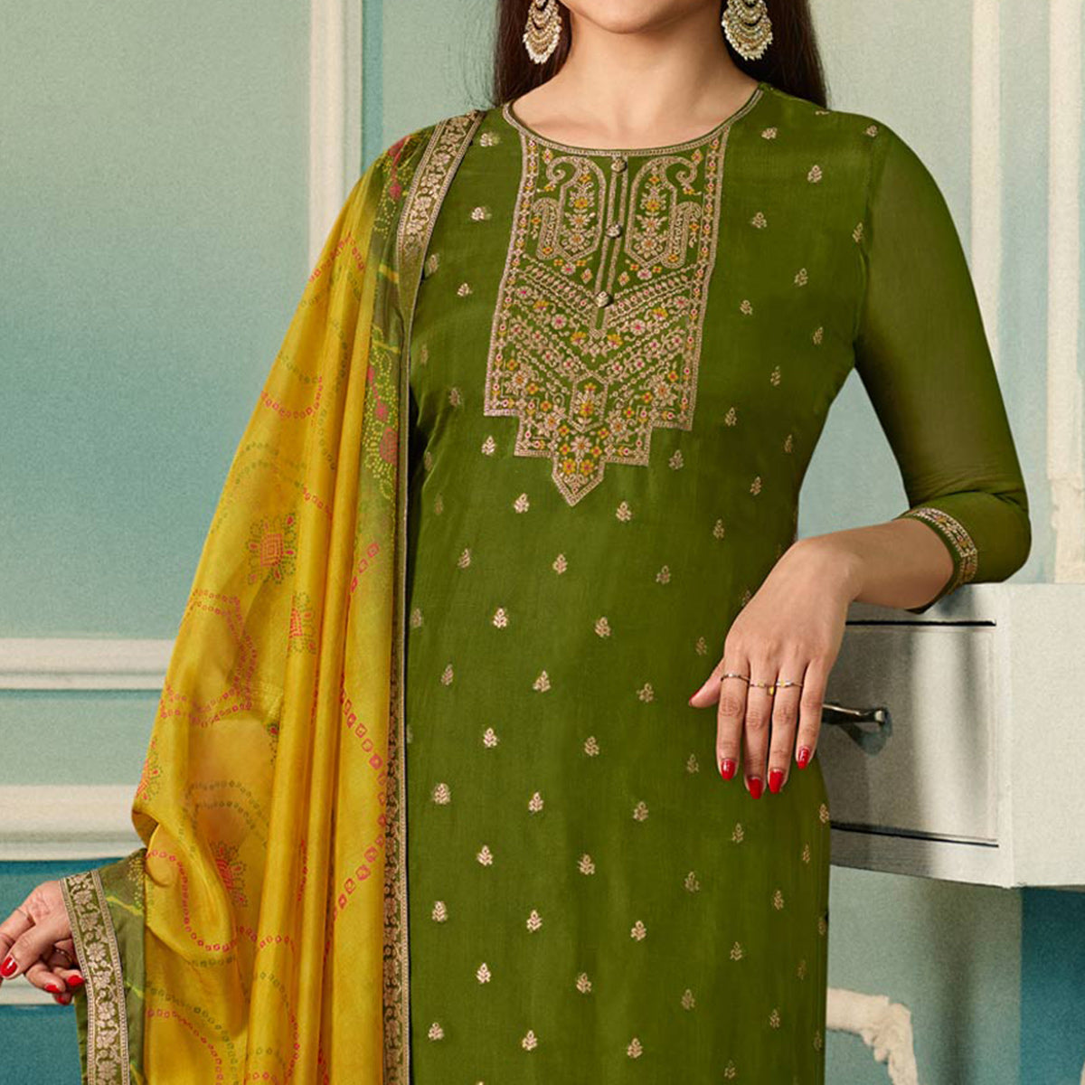 Green Floral Woven Organza Salwar Suit