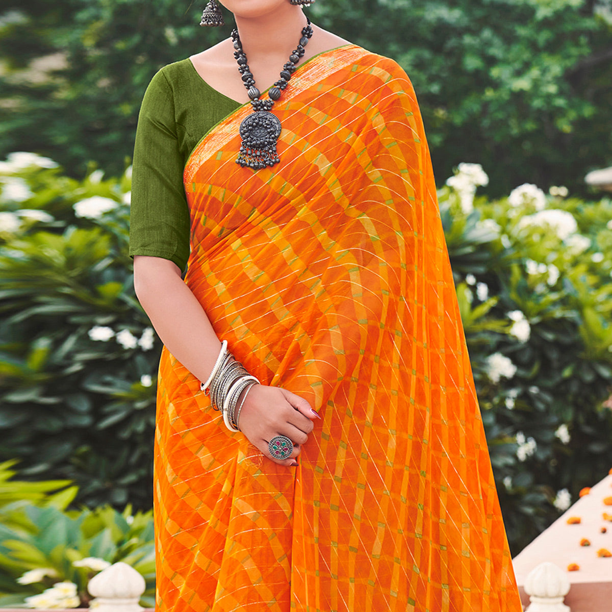 Orange Printed Chiffon Saree