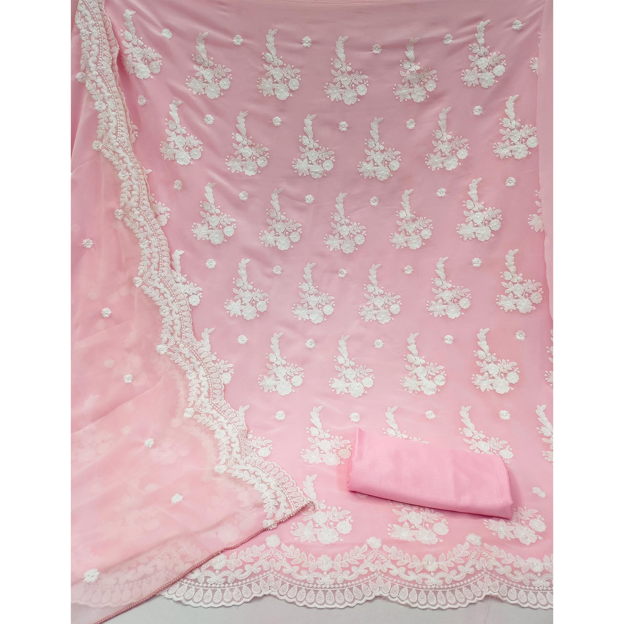 Baby Pink Floral Embroidered Georgette Dress Material