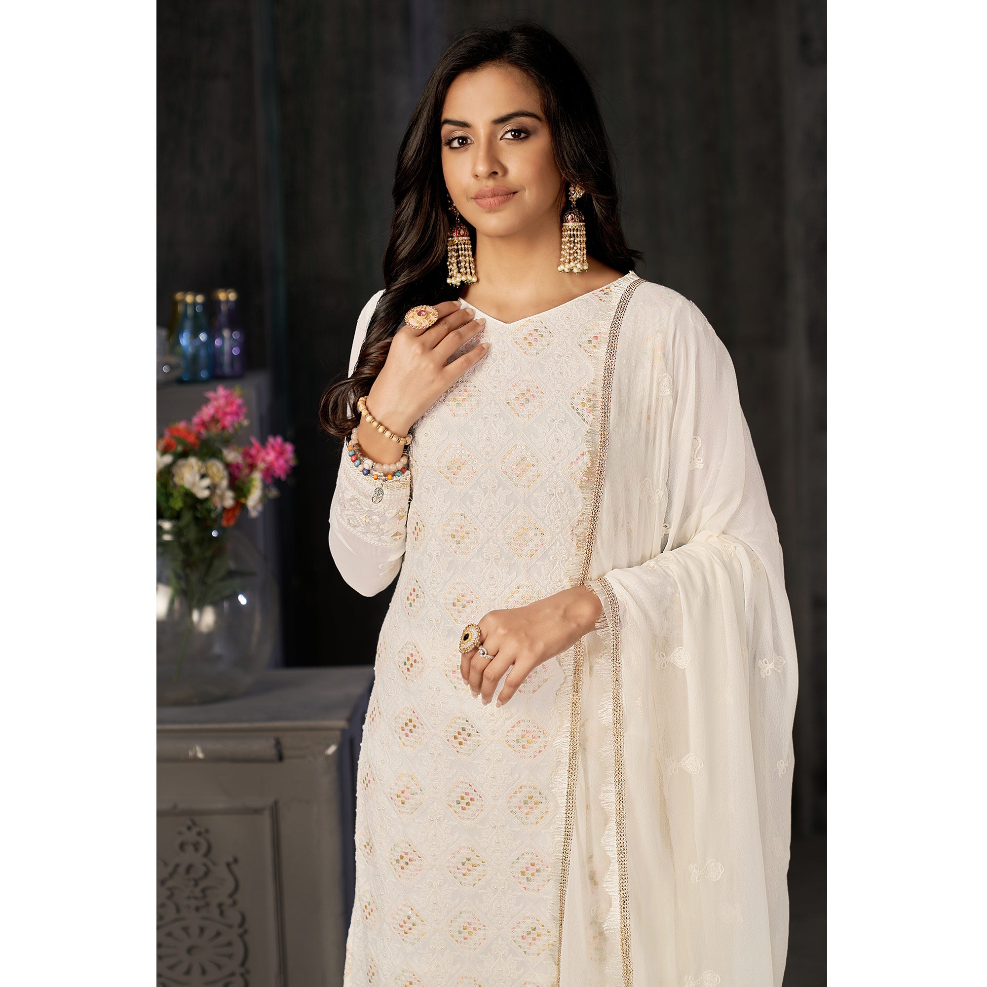 White Lucknowi Embroidered Georgette Suit