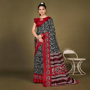 Black Printed Jute Saree With Tassels