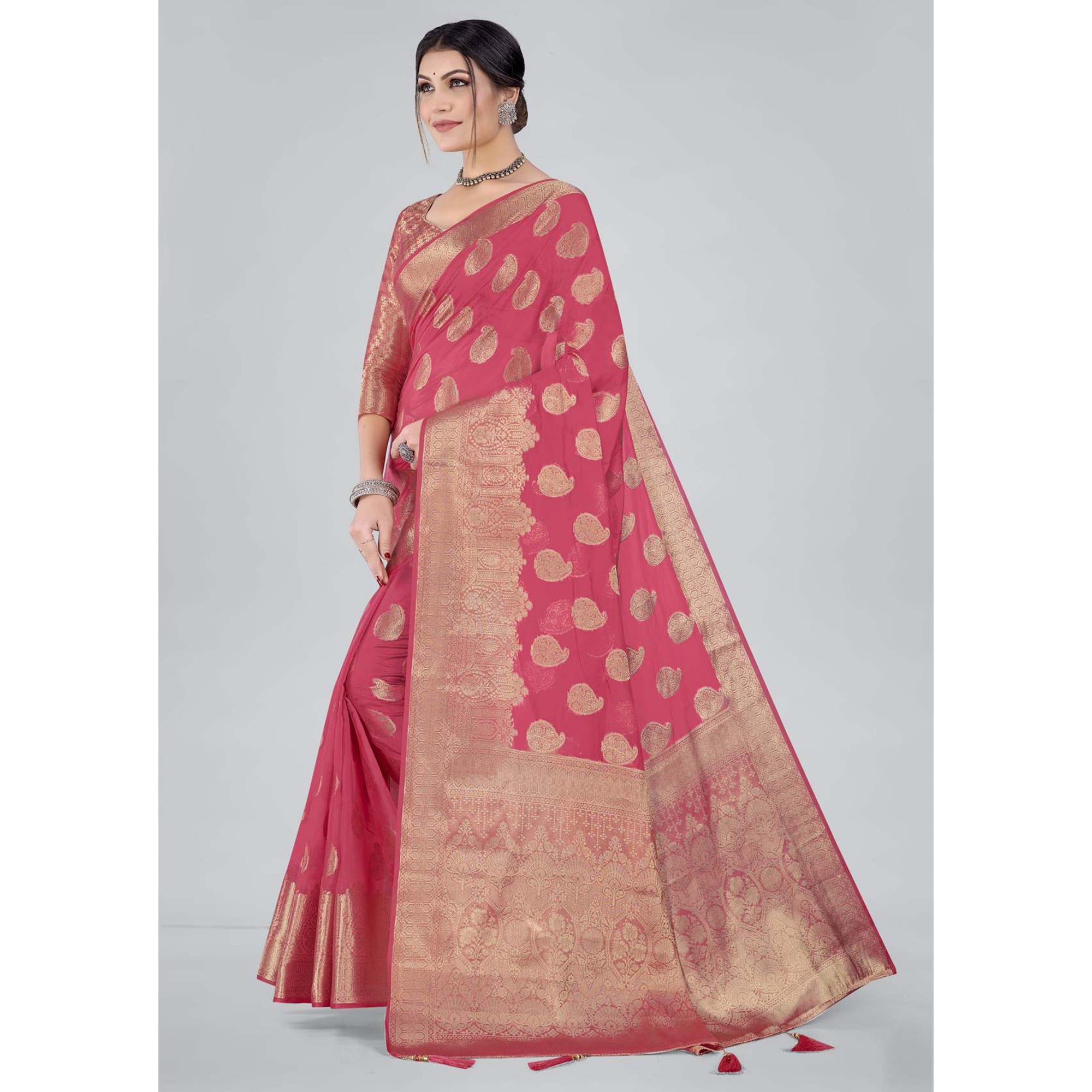 Pink Woven Organza Saree With Tassels