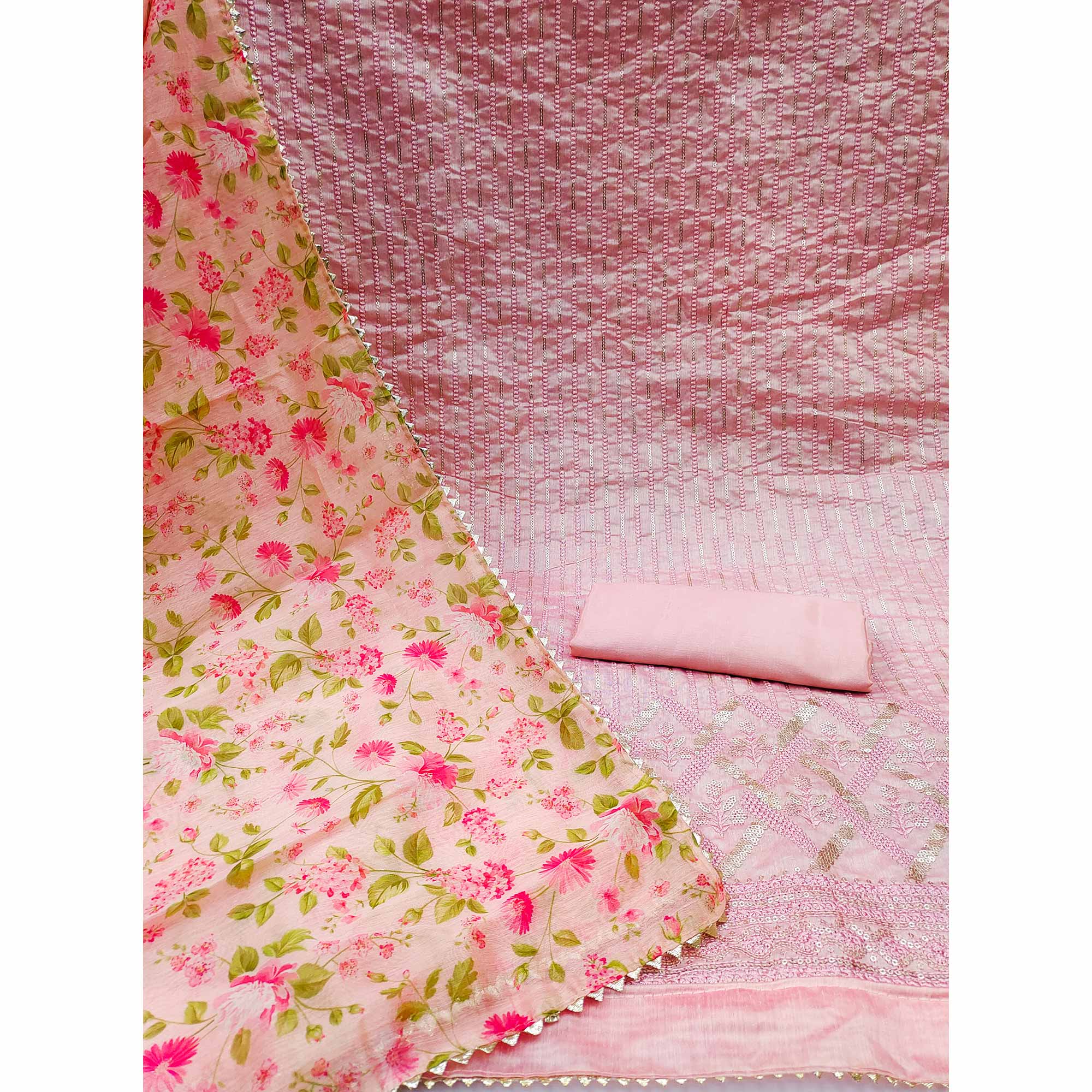 Pink Sequins Embroidered Chanderi Dress Material