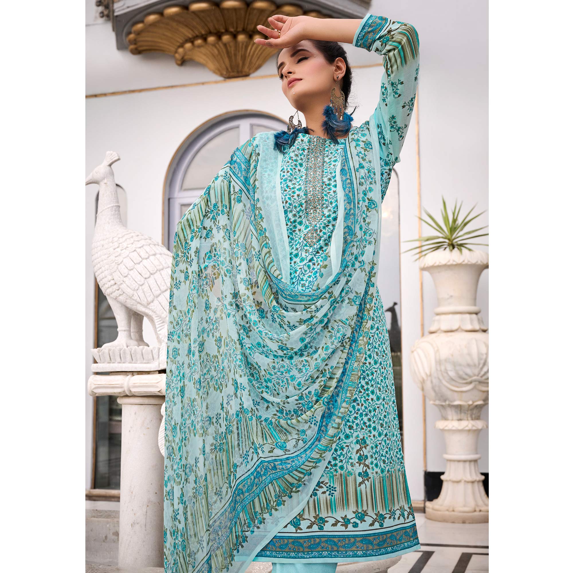 Blue Printed With Embroidered Pure Cotton Salwar Suit