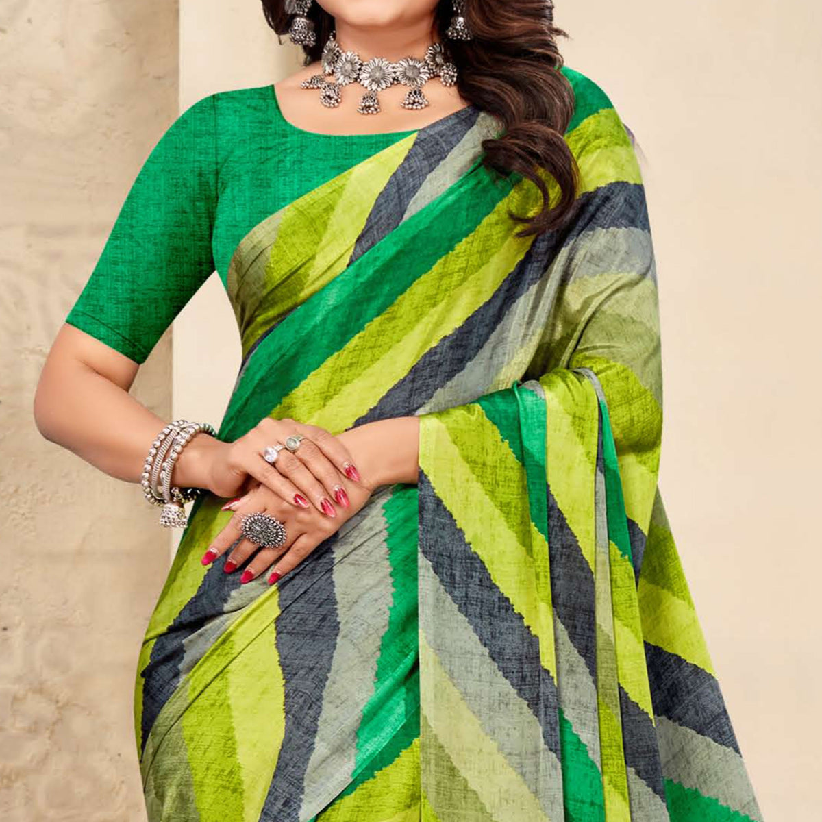 Green Striped Printed Crepe Saree