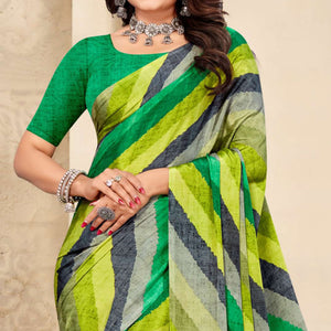 Green Striped Printed Crepe Saree