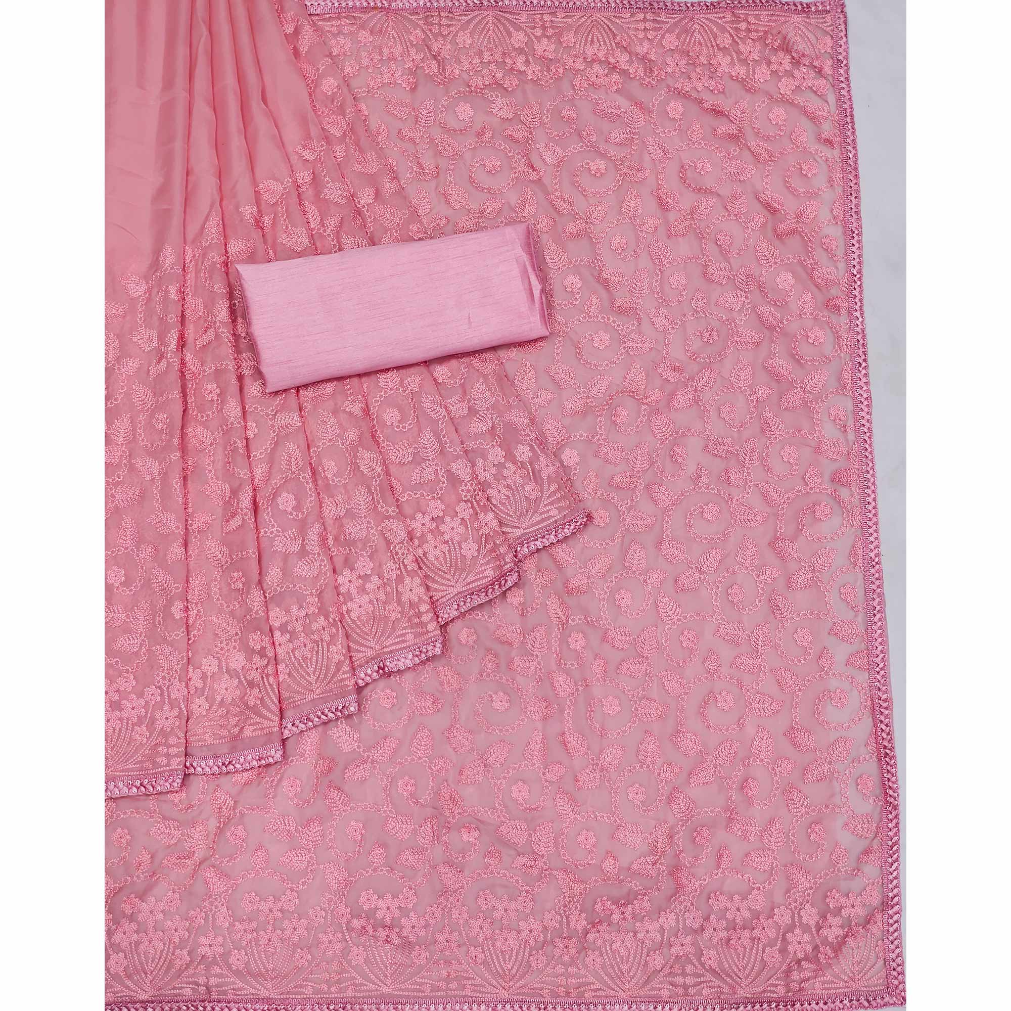 Pink Floral Embroidered Organza Saree