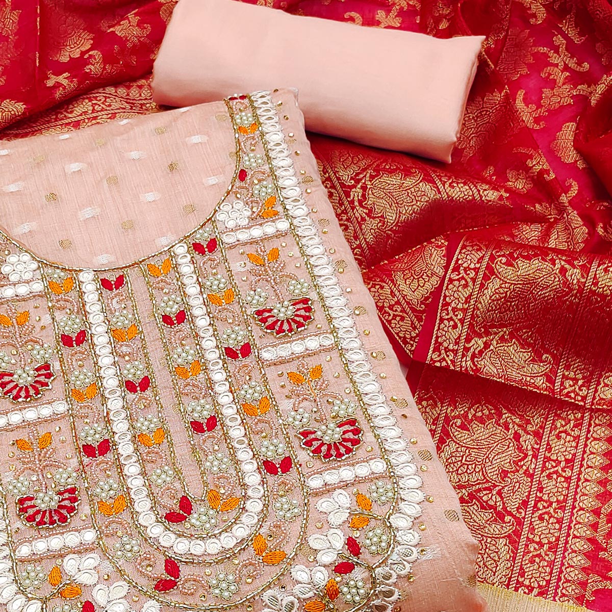 Peach Woven With Handwork Banarasi Silk Dress Material