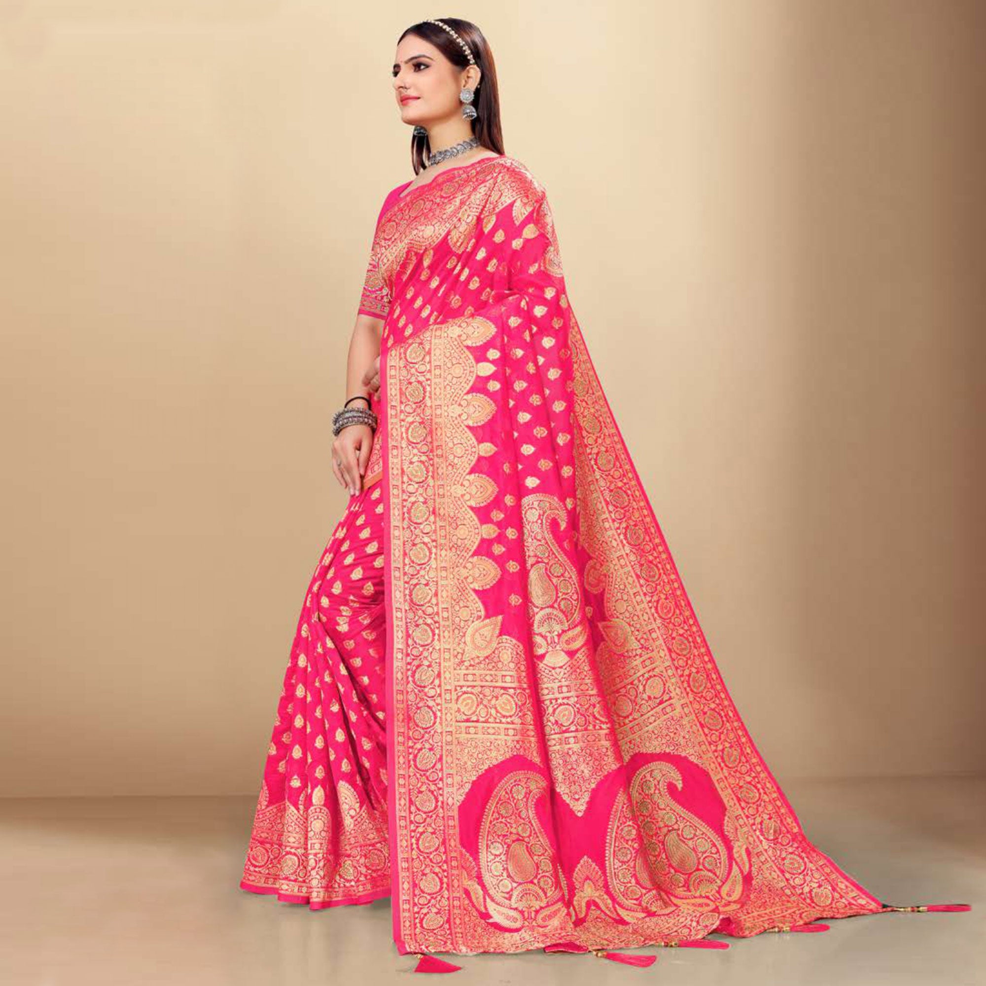 Pink Woven Art Silk Saree With Tassels