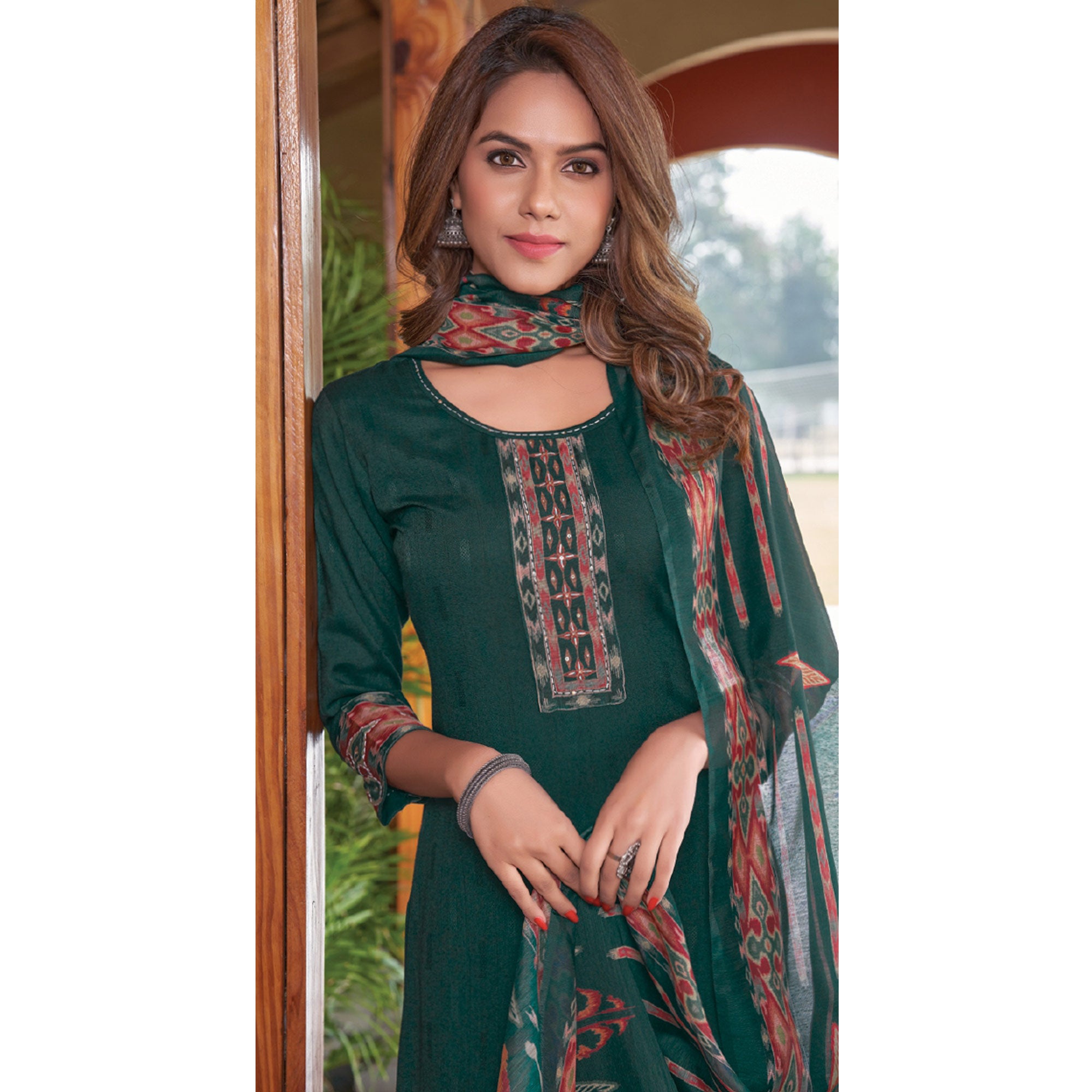 Green Embroidered Rayon Kurti With Dupatta