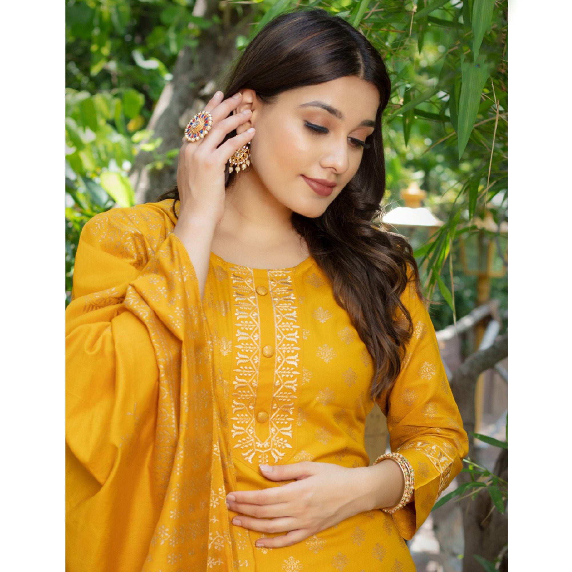 Yellow Printed Rayon Salwar Suit