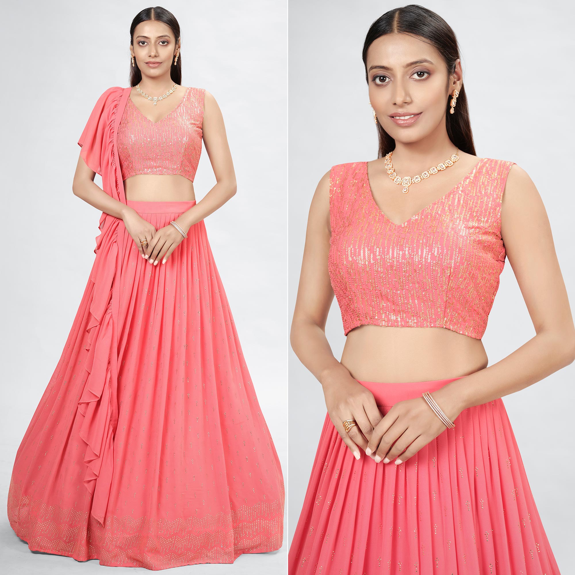 Coral pink Embellished With Embroidered Georgette Lehenga Choli