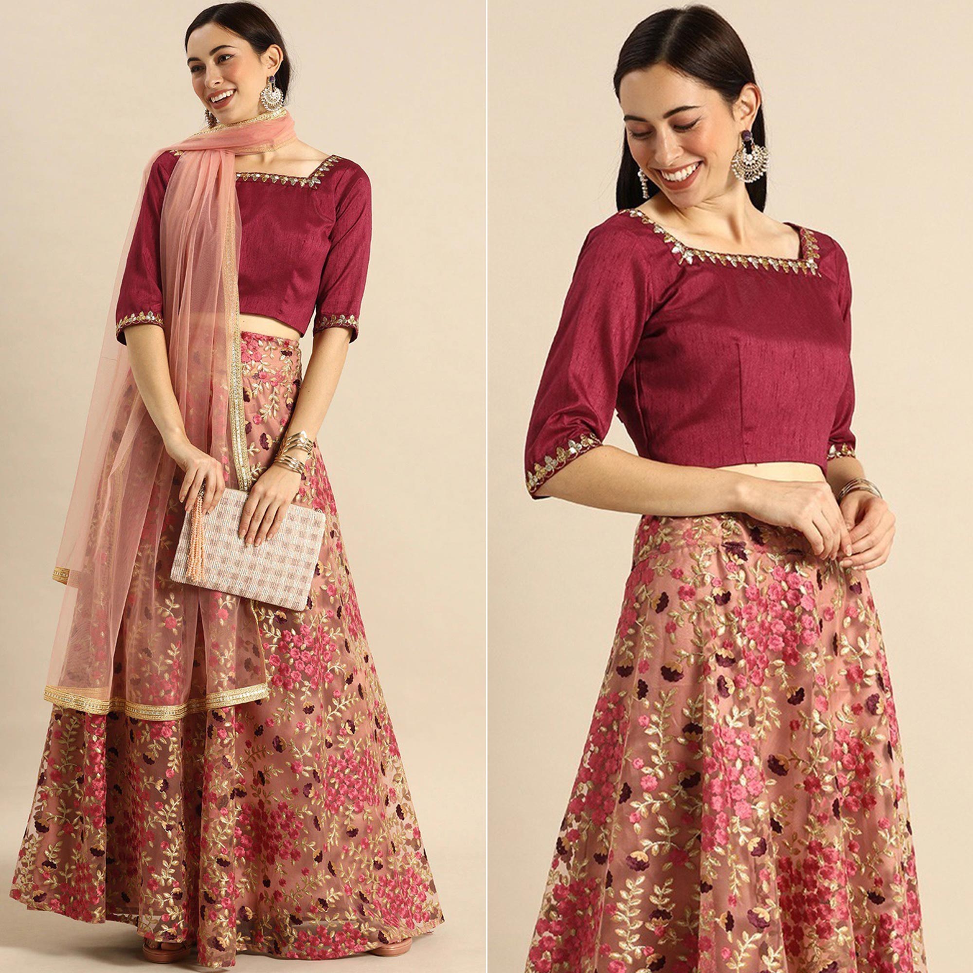 Peach Floral Embroidered Netted Lehenga Choli