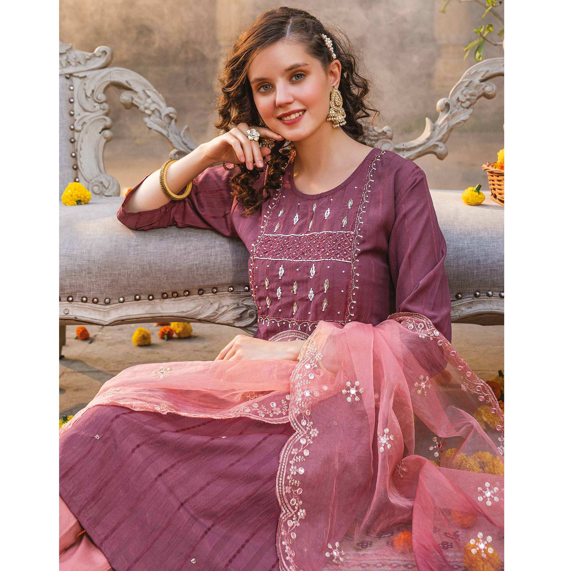 Dark Mauve Embellished Viscose Salwar Suit