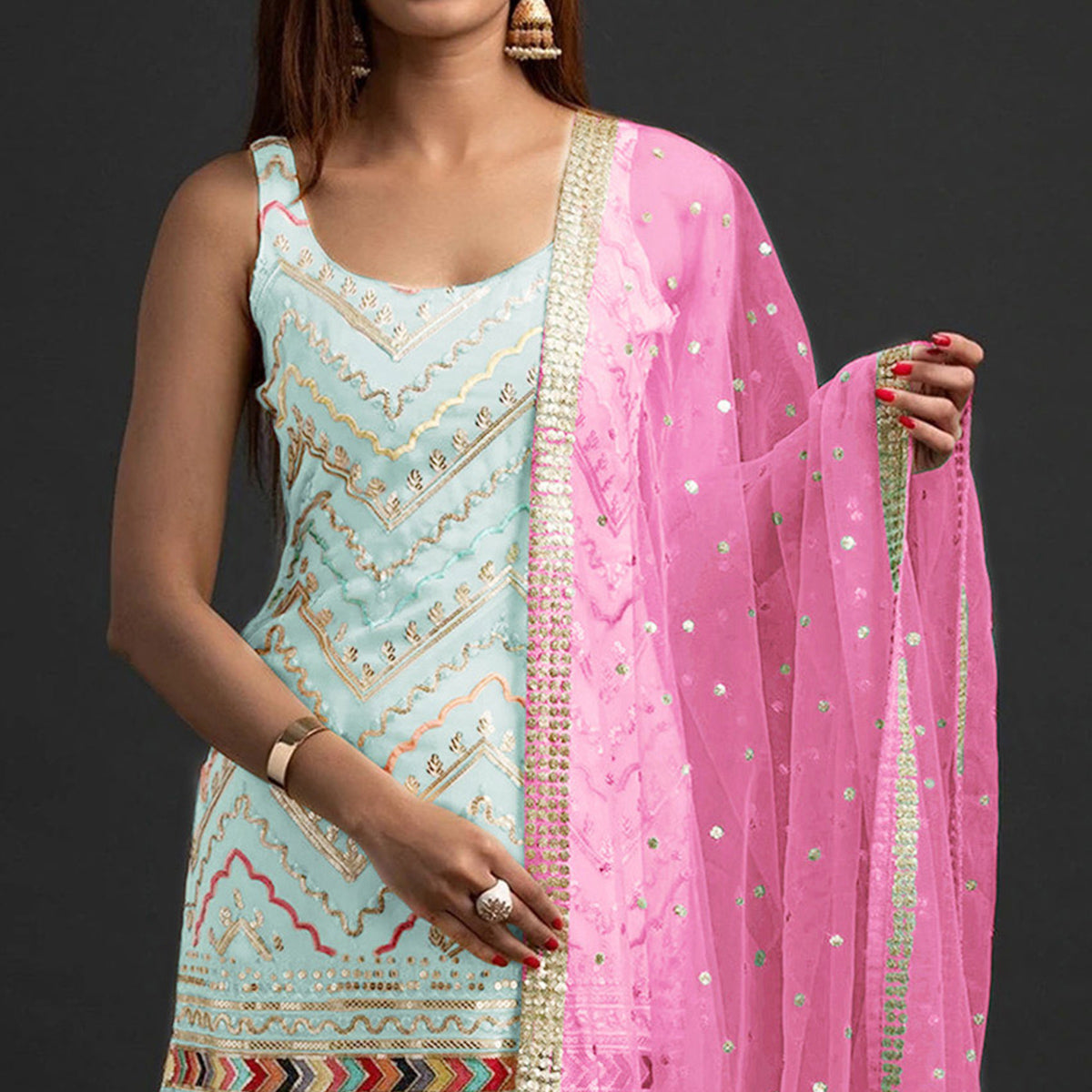Aqua Blue Embroidered Georgette Sharara Suit