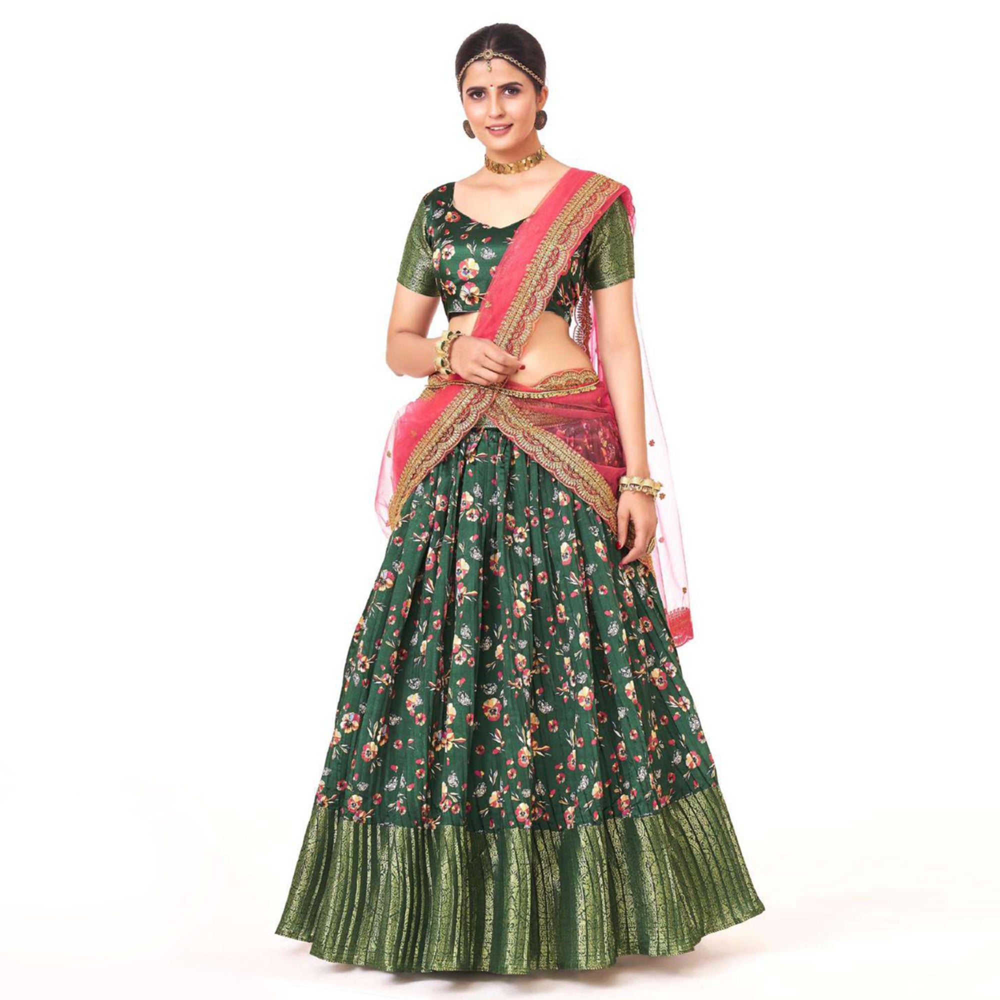 Dark Green Digital Printed With Zari Work Art Silk Lehenga Choli