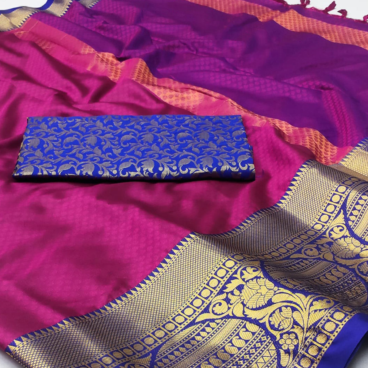 Magenta Pink Woven Cotton Silk Saree With Tassels